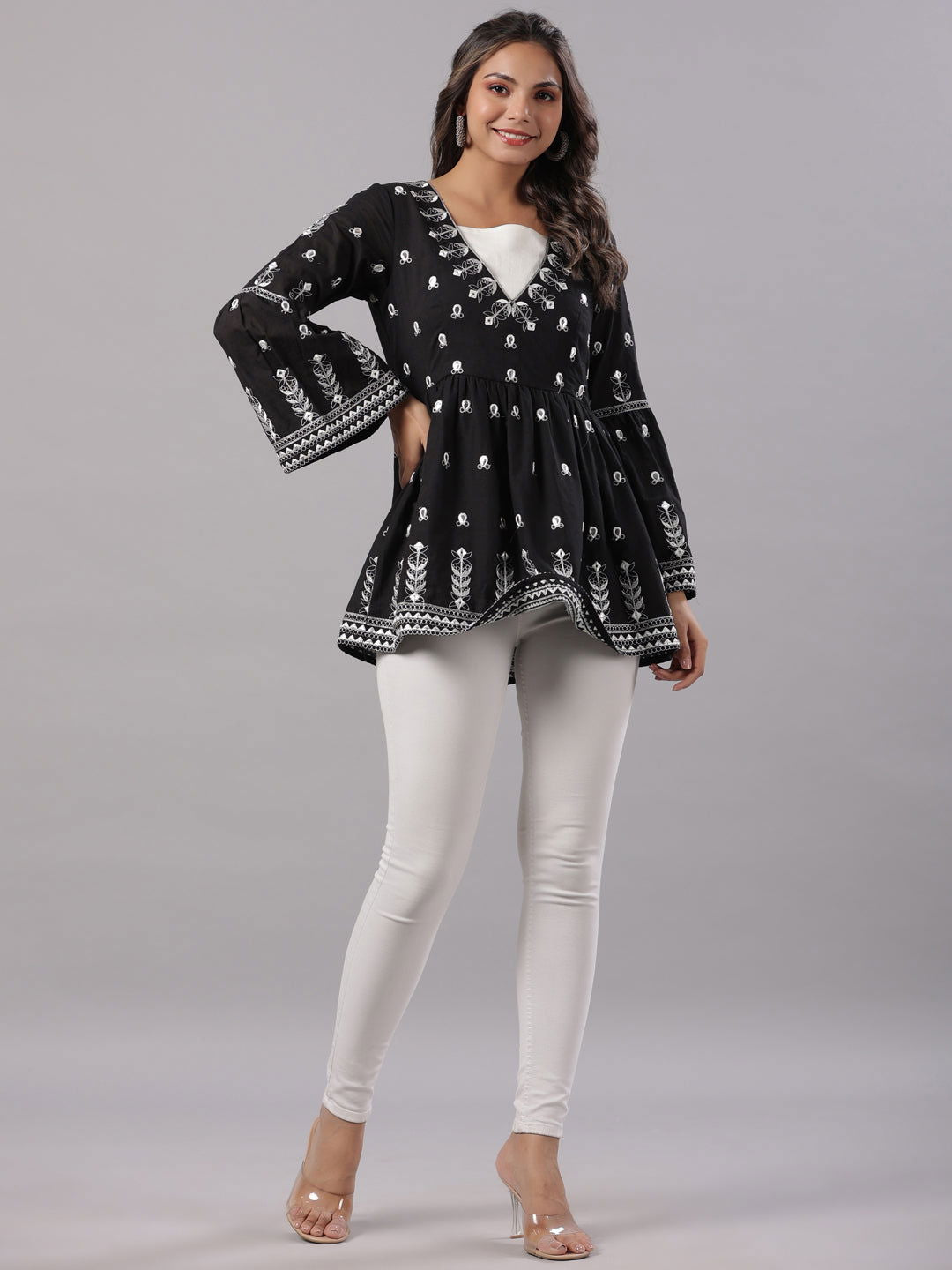 Juniper Black Cotton Dobby Peplum Tunic With Thread & Mirror Embroidery 