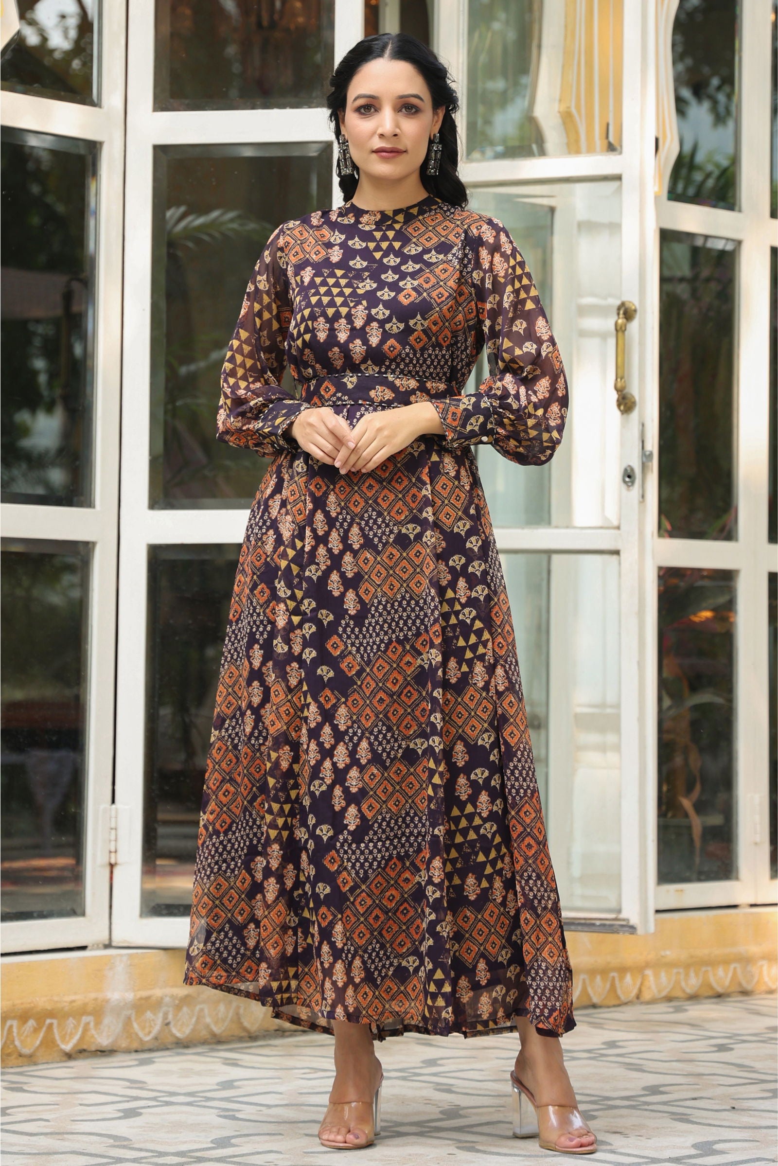 Juniper Black Ethnic Motif Printed Chiffon Flared Maxi Dress With Buttons. 