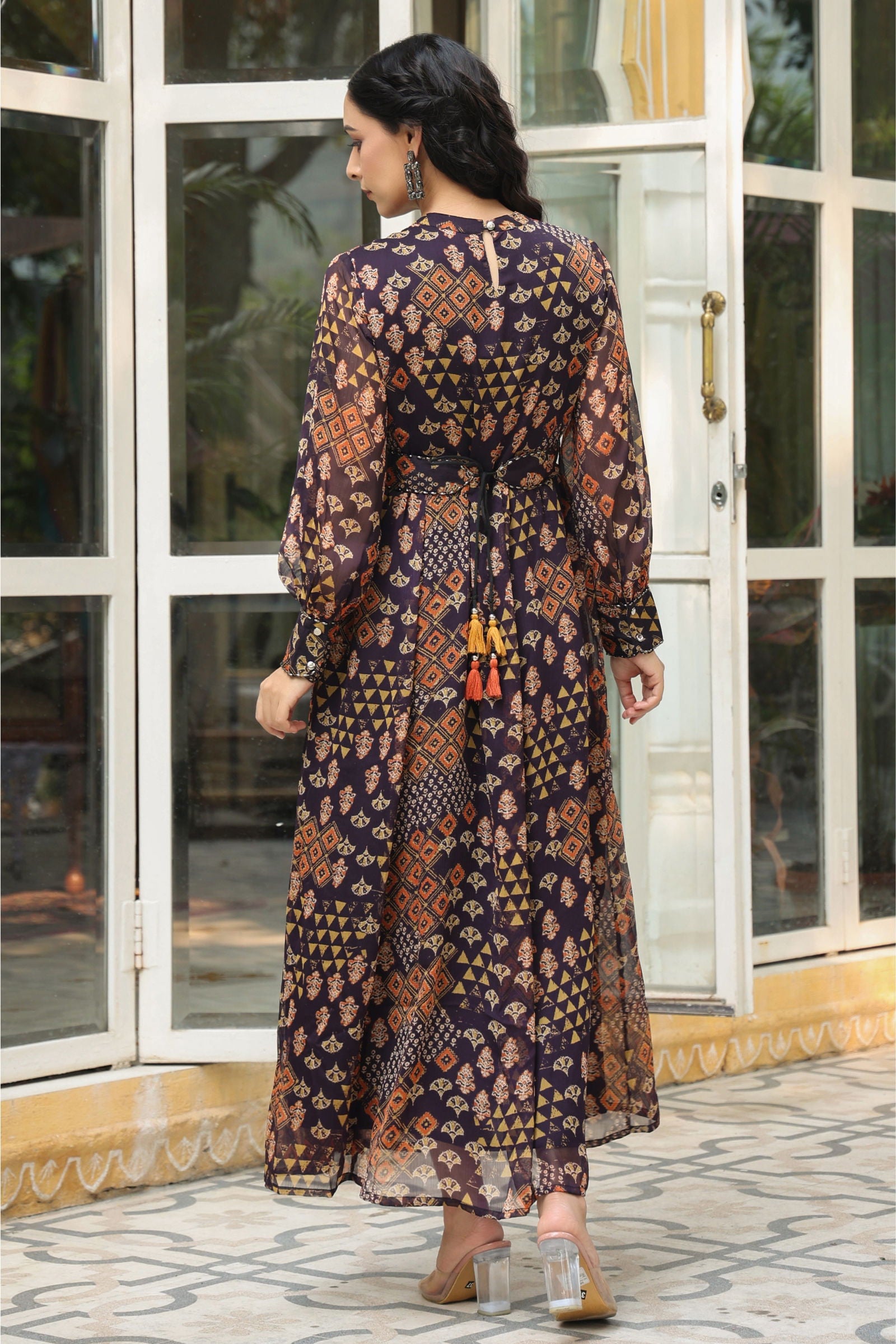 Juniper Black Ethnic Motif Printed Chiffon Flared Maxi Dress With Buttons. 