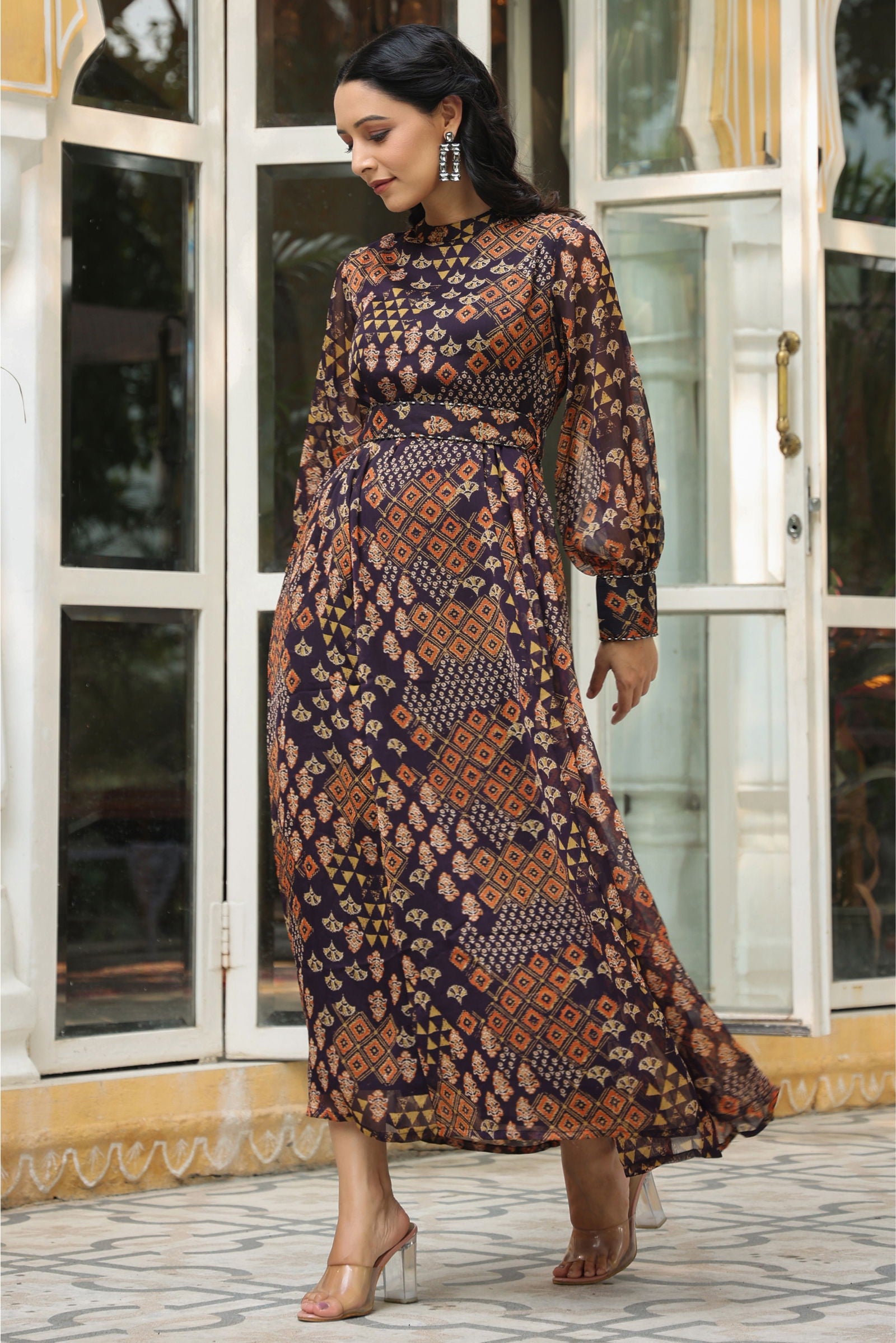 Juniper Black Ethnic Motif Printed Chiffon Flared Maxi Dress With Buttons. 
