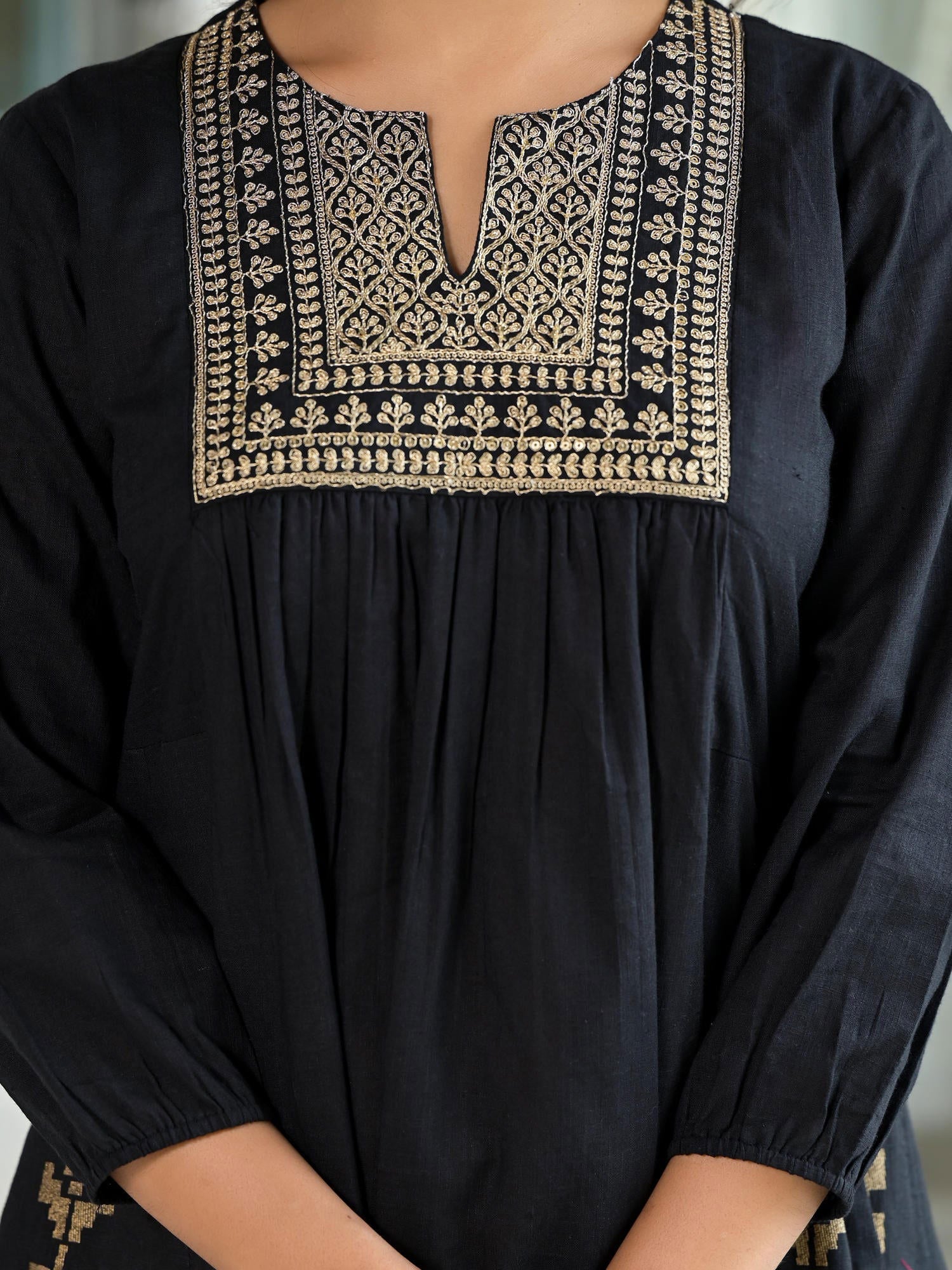 Juniper Black Ethnic Motif Printed Cotton Tunic & Dhoti Pant Co-Ord Set For Women With Zari Embroidery 