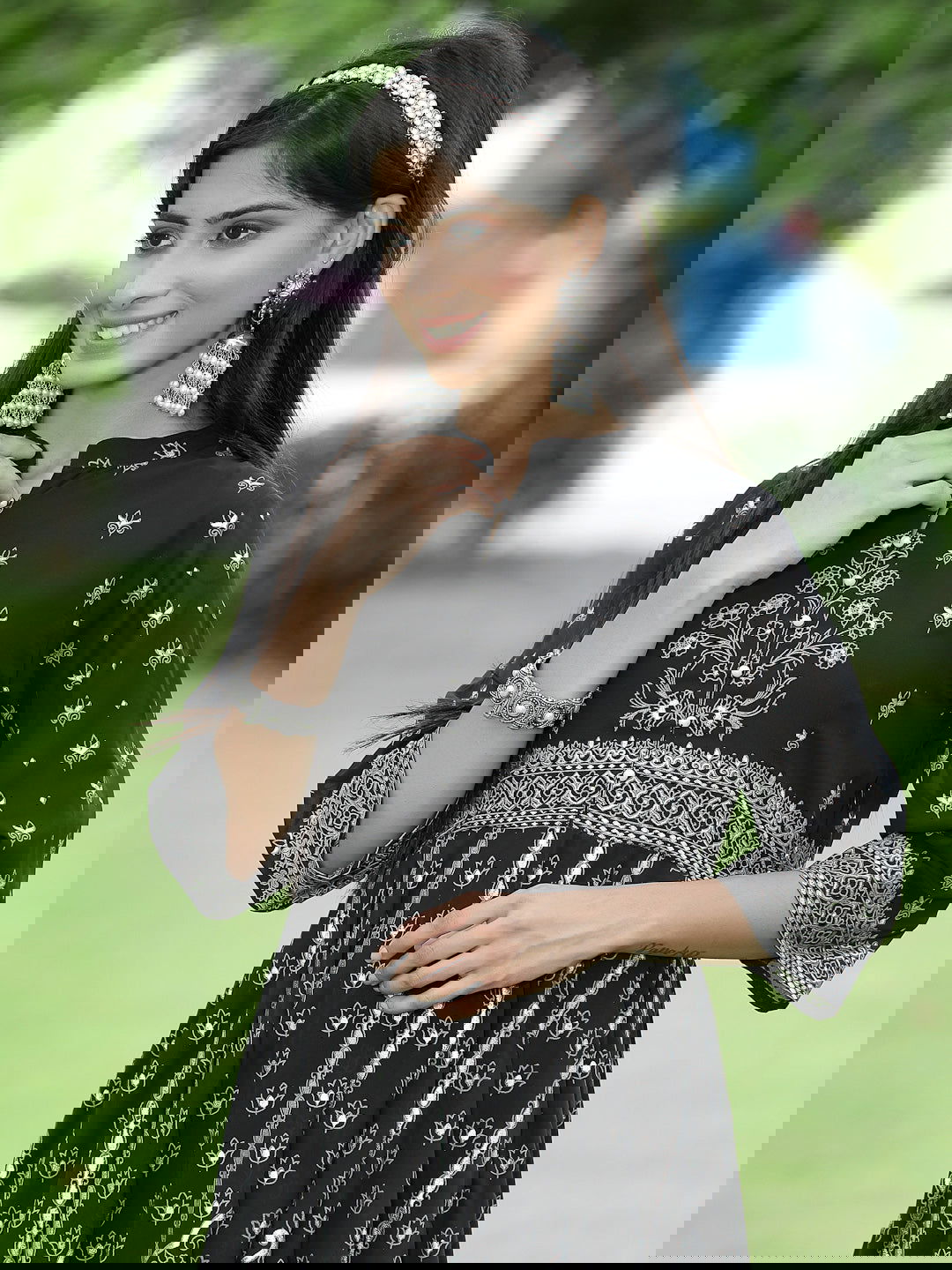 Juniper Black Ethnic Motif Printed Georgette Anarkali Kurta & Palazzo Set With Buttons 