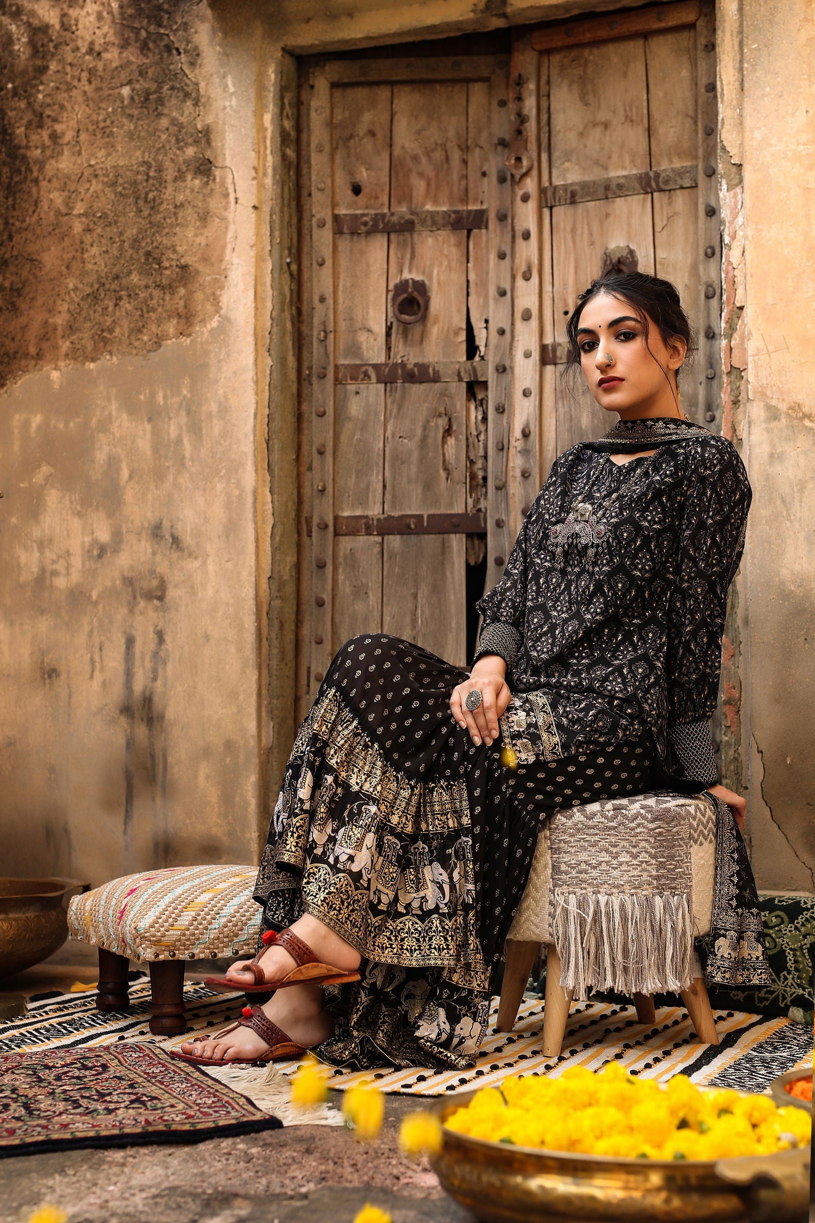 Juniper Black Ethnic Motif Printed Georgette Kurta Sharara & Dupatta Set. 