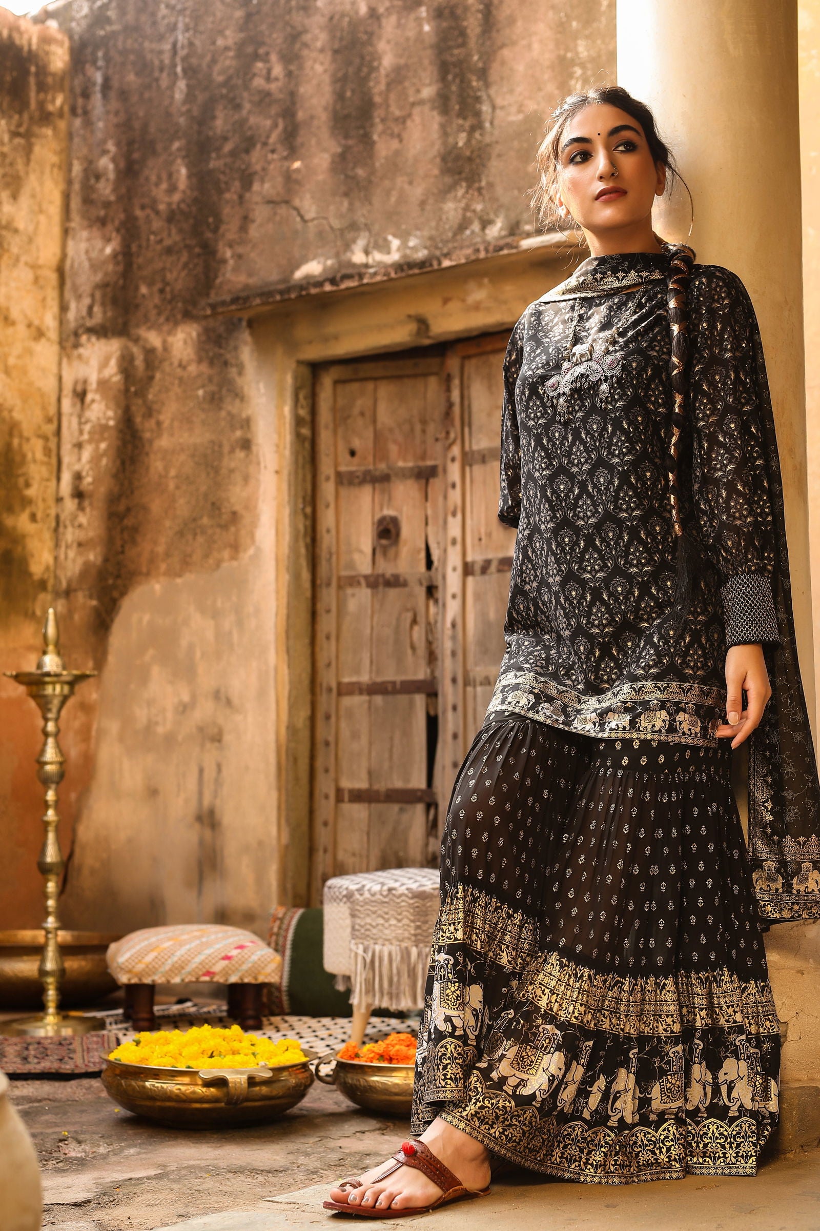 Juniper Black Ethnic Motif Printed Georgette Kurta Sharara & Dupatta Set. 