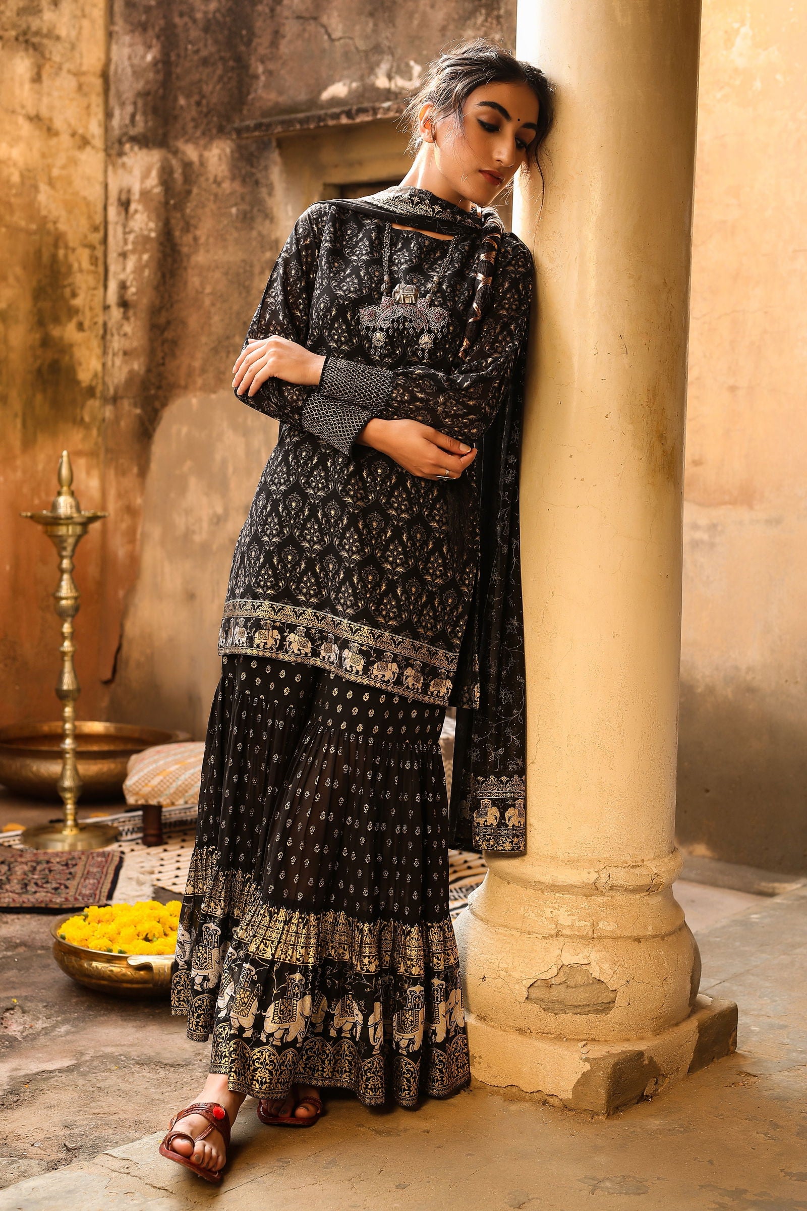 Juniper Black Ethnic Motif Printed Georgette Kurta Sharara & Dupatta Set. 