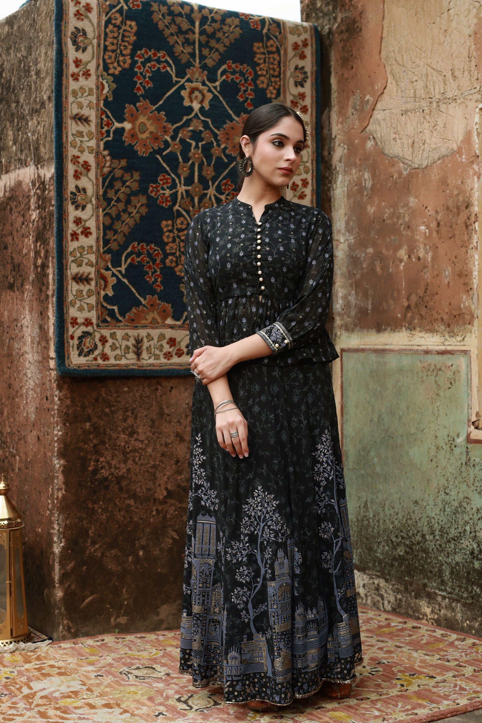 Juniper Black Ethnic Motif Printed Georgette Lehenga Choli Set. 
