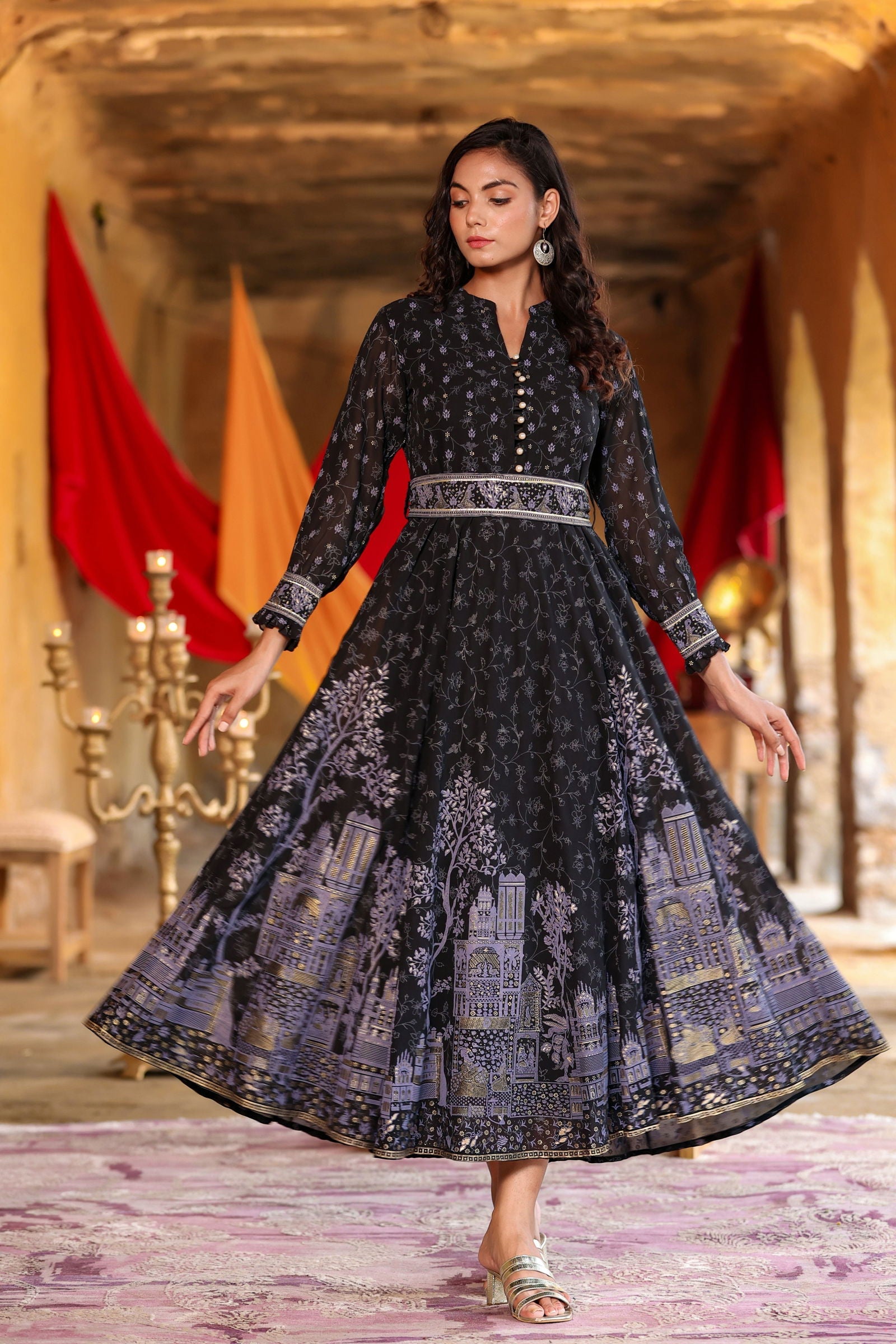 Juniper Black Ethnic Motif Printed Georgette Maxi Dress with Buttons & Gota Work 