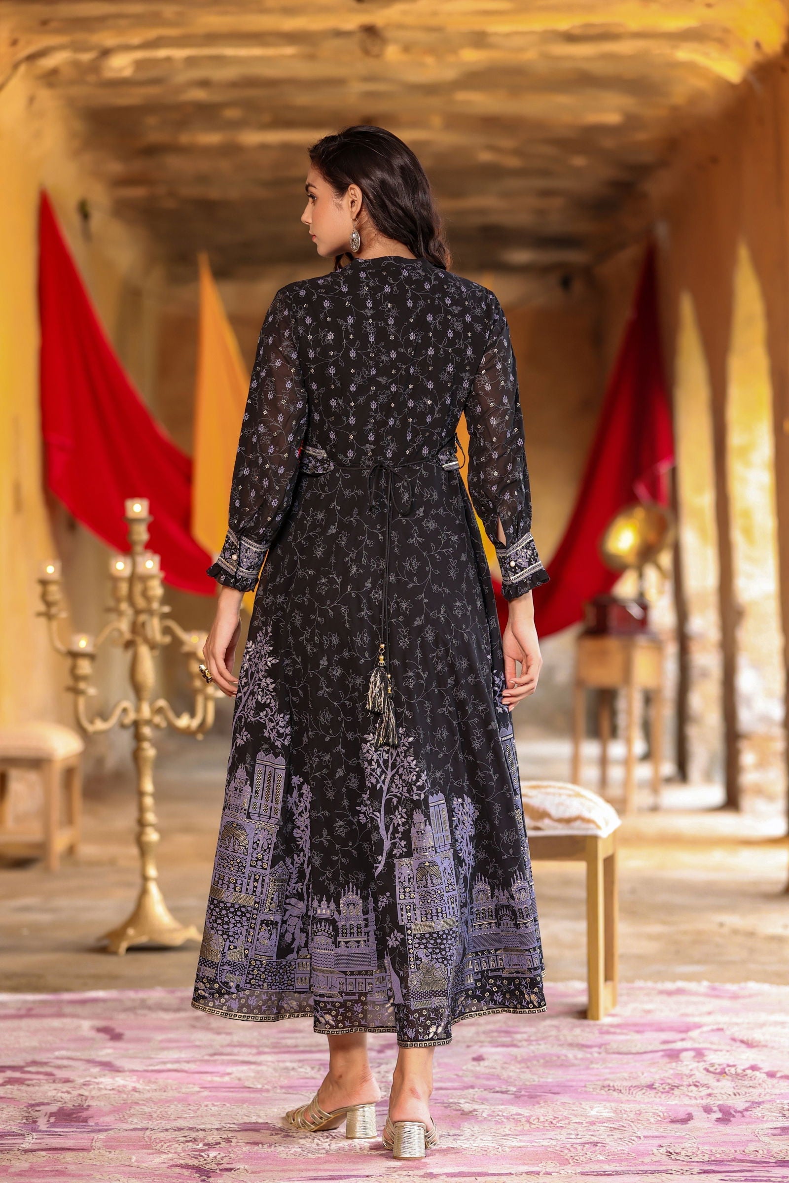 Juniper Black Ethnic Motif Printed Georgette Maxi Dress with Buttons & Gota Work 