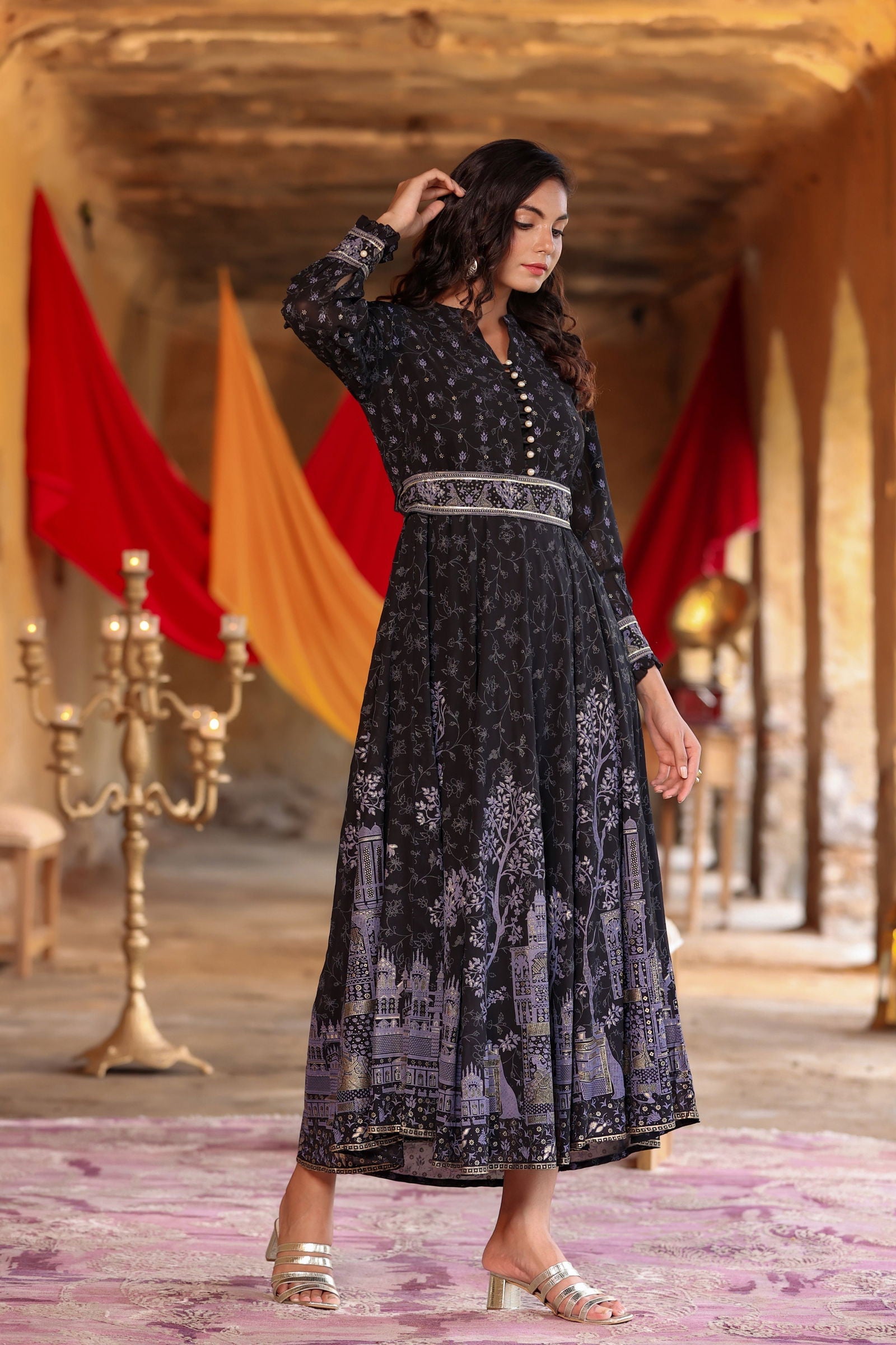 Juniper Black Ethnic Motif Printed Georgette Maxi Dress with Buttons & Gota Work 