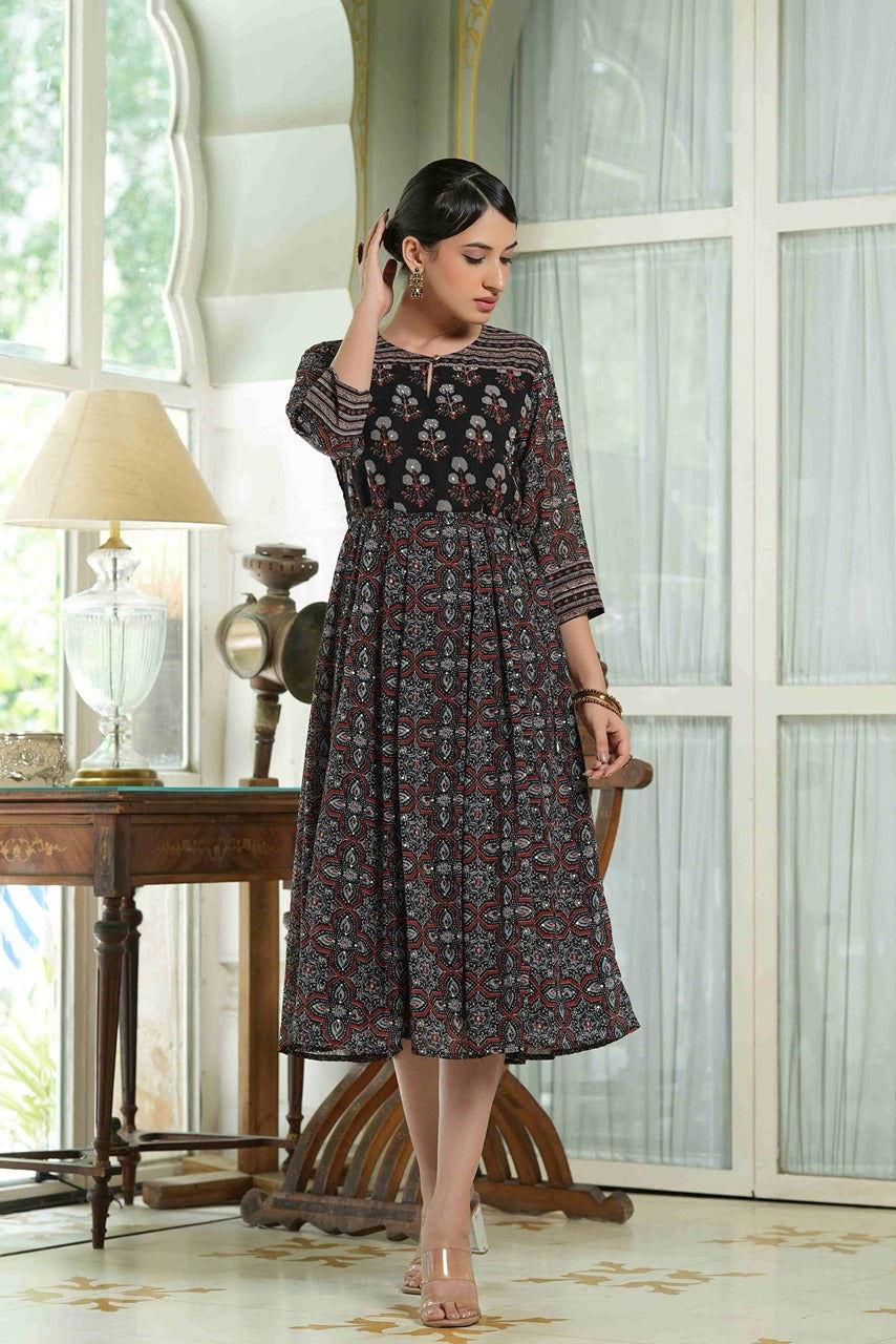 Juniper Black Ethnic Motif Printed Georgette Midi Dress with Beads Work 
