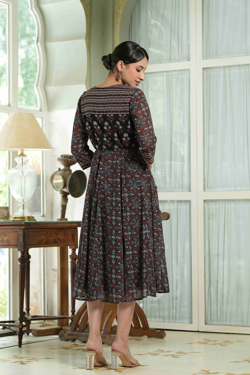 Juniper Black Ethnic Motif Printed Georgette Midi Dress with Beads Work 