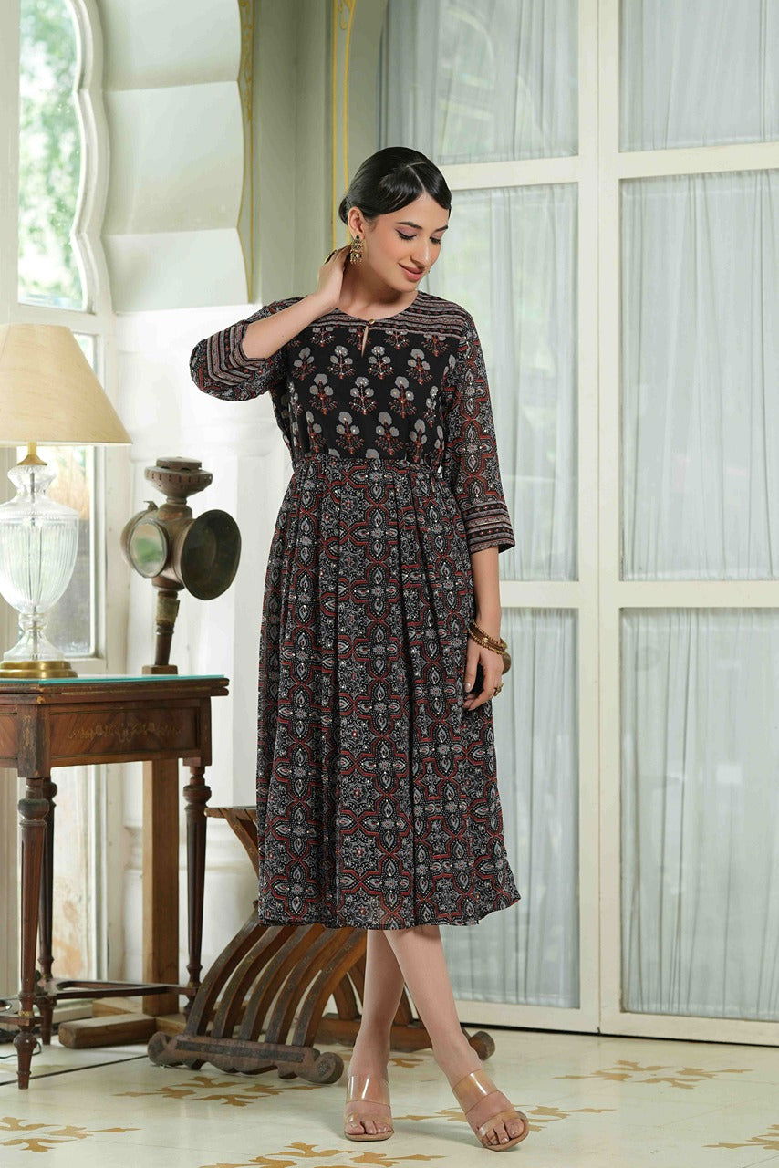 Juniper Black Ethnic Motif Printed Georgette Midi Dress with Beads Work 