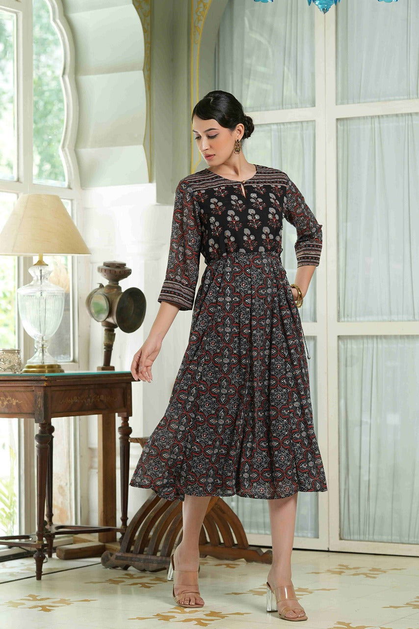 Juniper Black Ethnic Motif Printed Georgette Midi Dress with Beads Work 