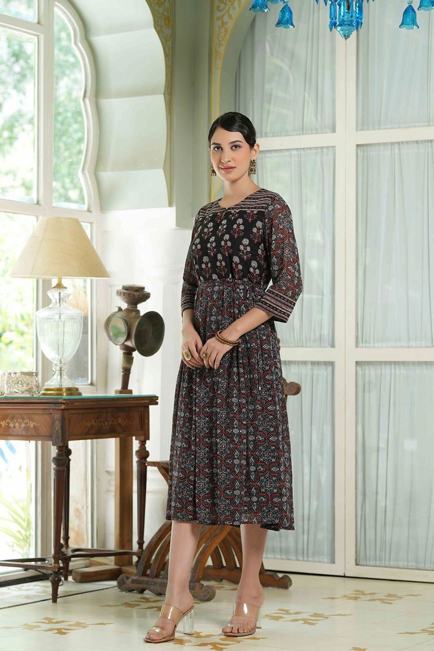 Juniper Black Ethnic Motif Printed Georgette Midi Dress with Beads Work 