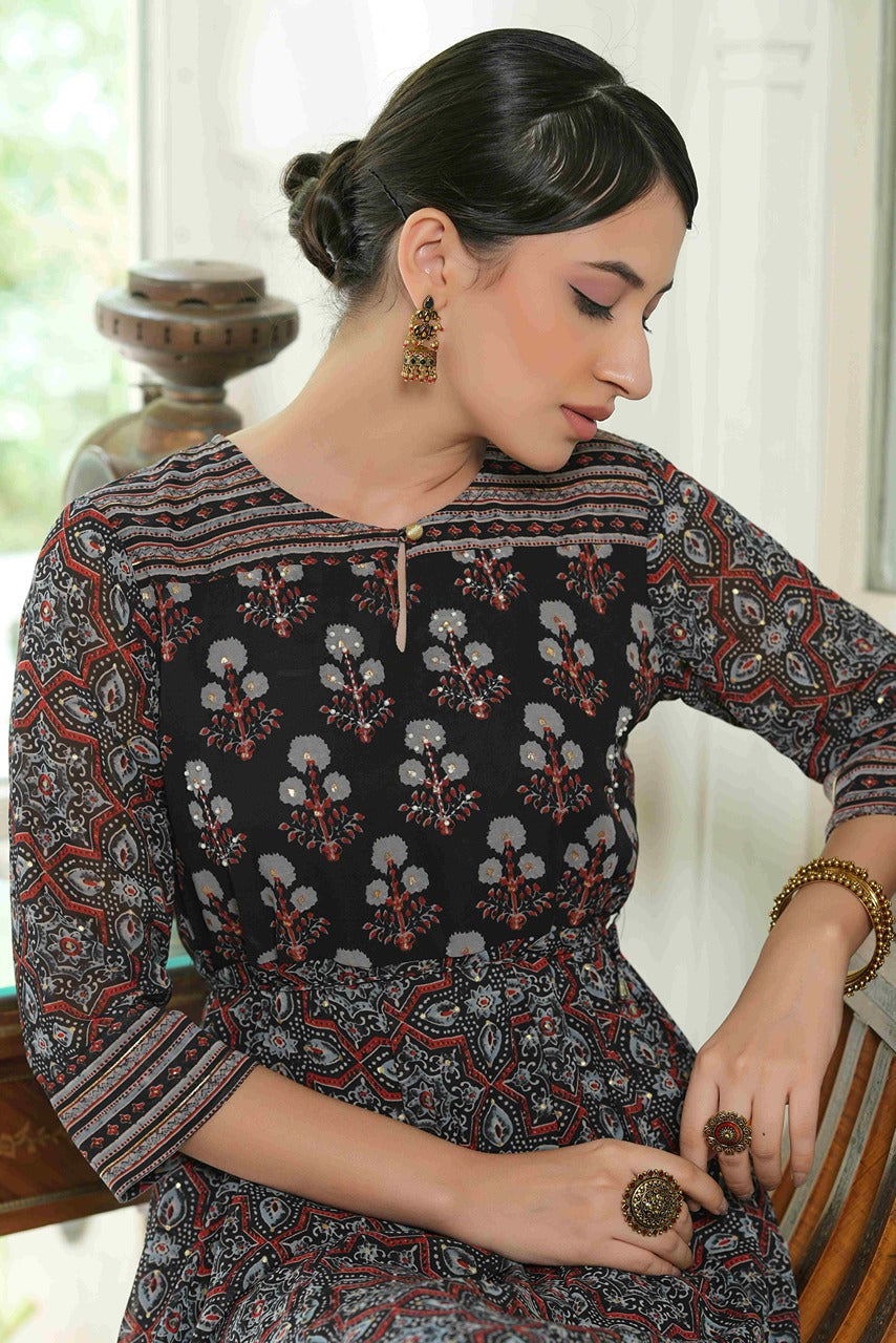 Juniper Black Ethnic Motif Printed Georgette Midi Dress with Beads Work 