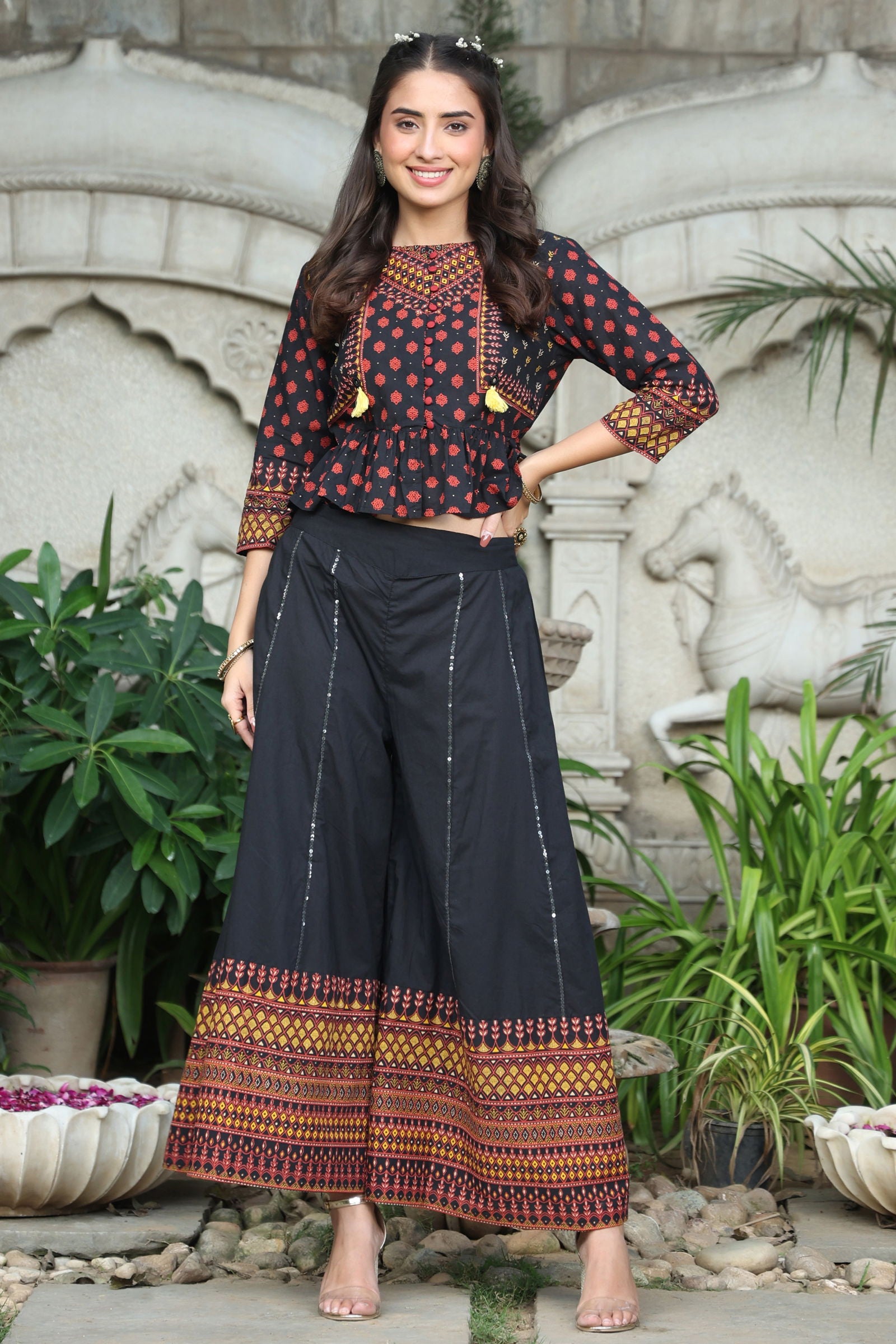 Juniper Black Ethnic Motif Printed Pure Cotton Peplum Co-Ord Set With Tassels 