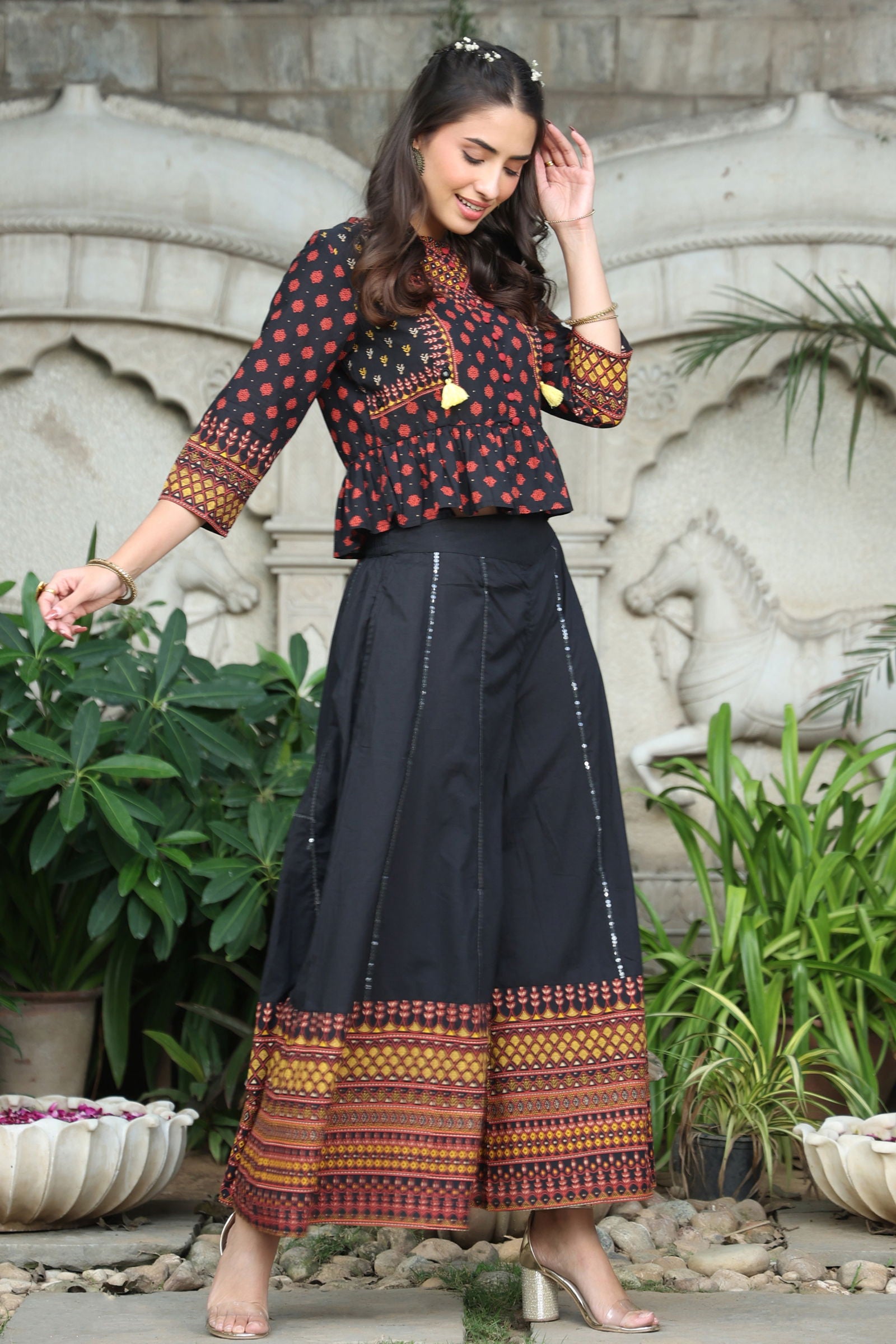 Juniper Black Ethnic Motif Printed Pure Cotton Peplum Co-Ord Set With Tassels 