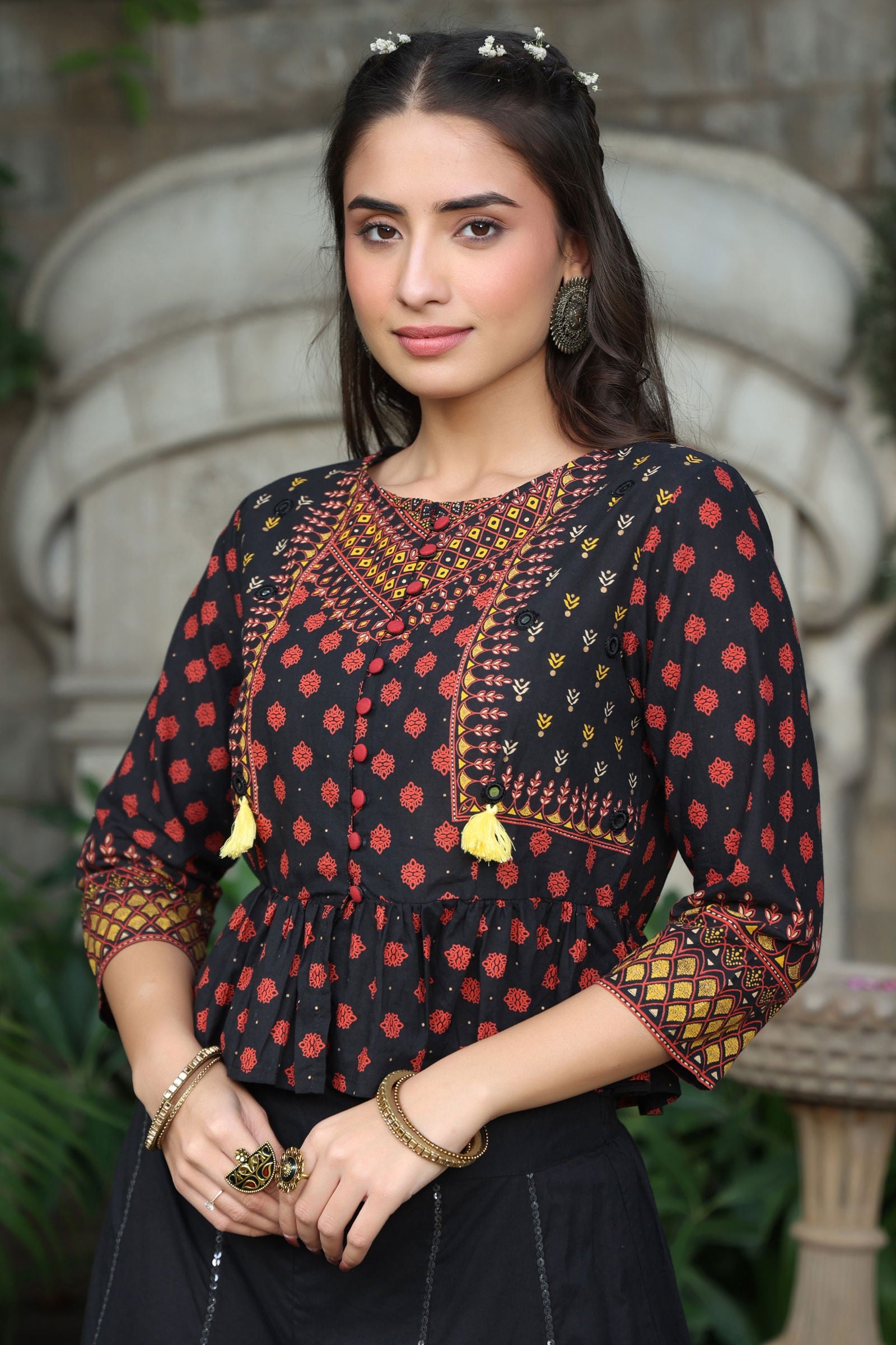 Juniper Black Ethnic Motif Printed Pure Cotton Peplum Co-Ord Set With Tassels 