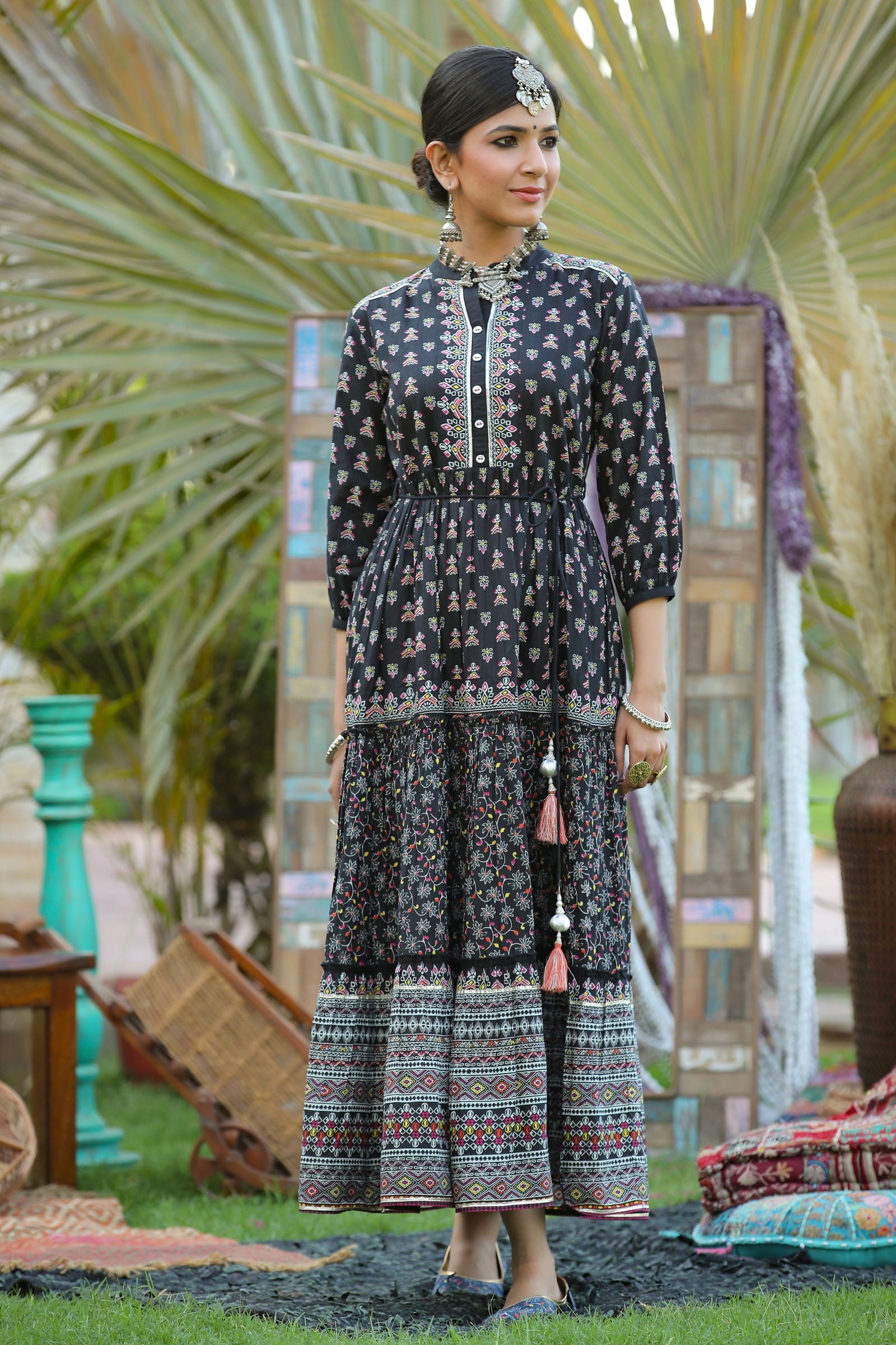 Juniper Black Ethnic Motif Printed Pure Cotton Tiered Maxi Dress. 