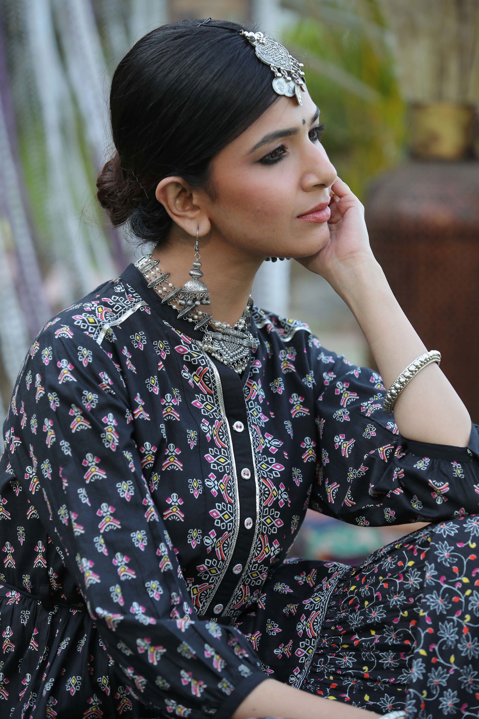 Juniper Black Ethnic Motif Printed Pure Cotton Tiered Maxi Dress. 