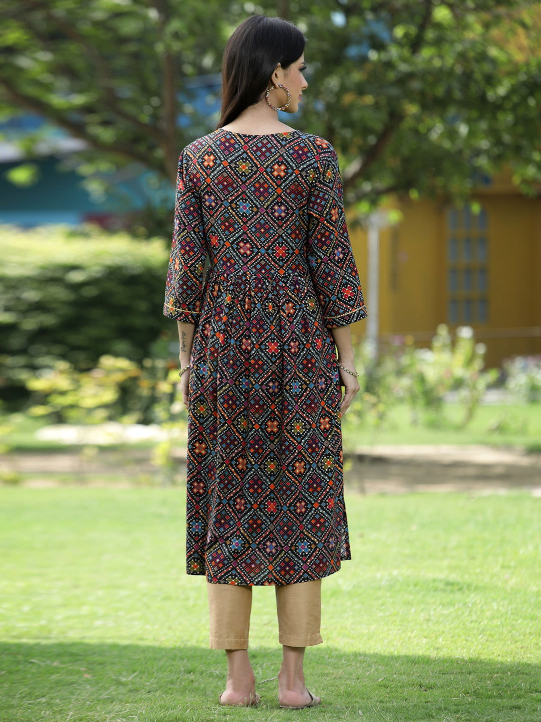 Juniper Black Ethnic Motif Printed Rayon Flared Kurta. 