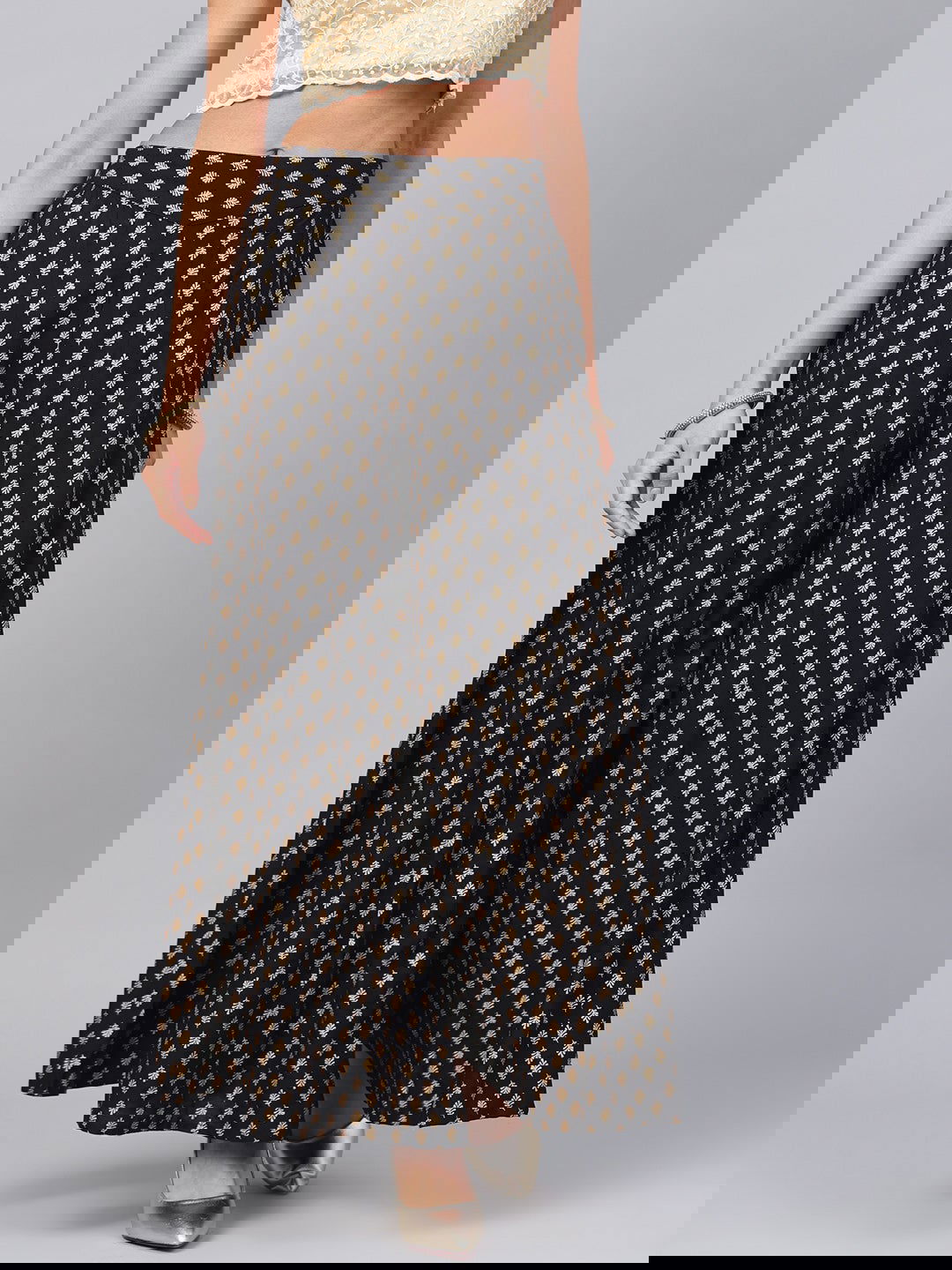 Juniper Black Ethnic Motif Printed Rayon Flared Women Palazzo With One Pocket 