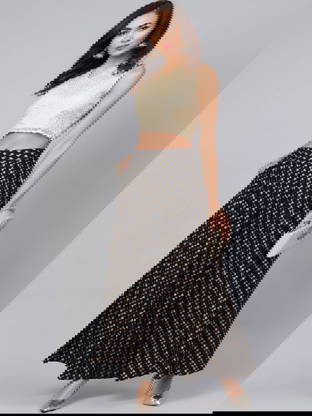 Juniper Black Ethnic Motif Printed Rayon Flared Women Palazzo With One Pocket 