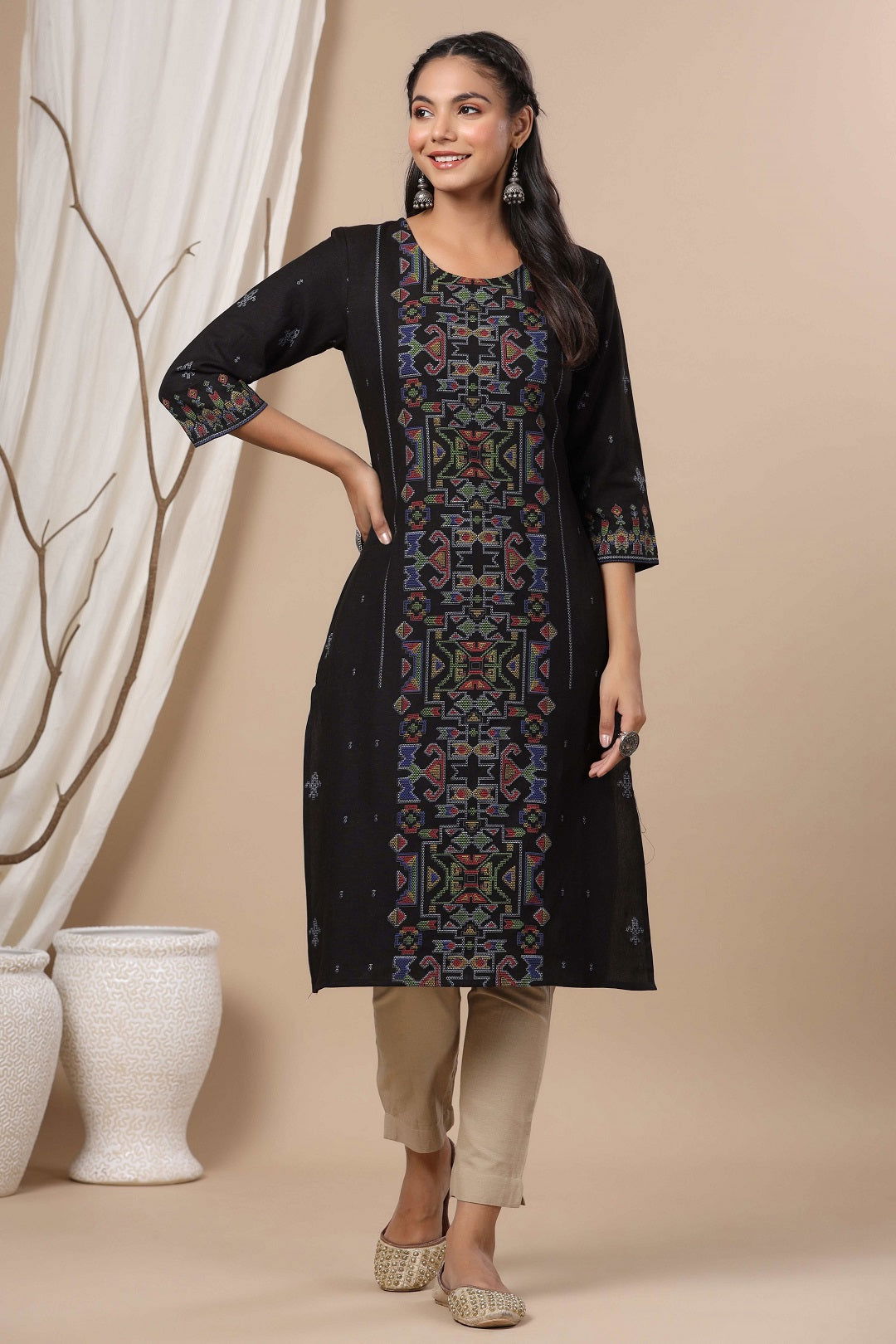 Juniper Black Ethnic Motif Printed Rayon Flex Straight Kurta. 