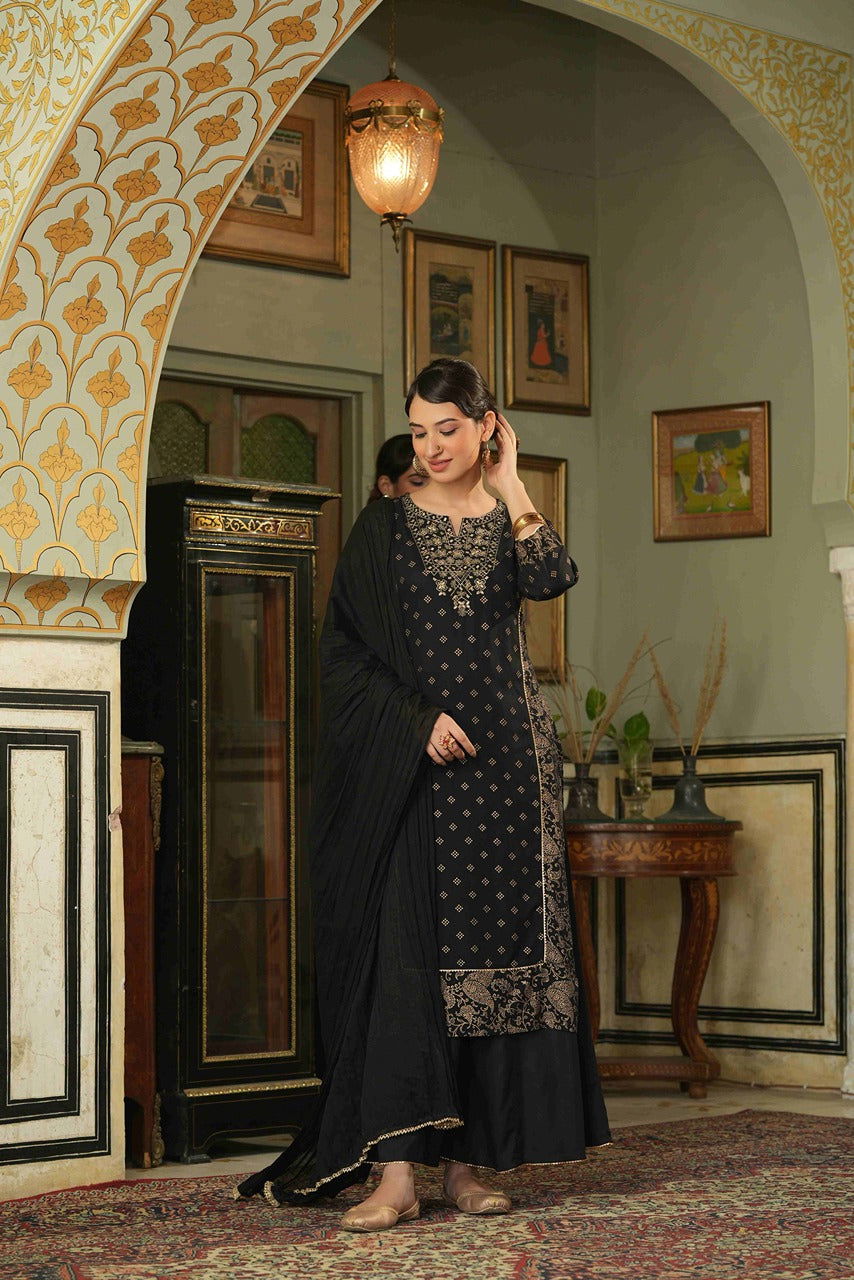 Juniper Black Ethnic Motif Printed Rayon Kurta Palazzo & Dupatta Set With Zari Work Embroidery 