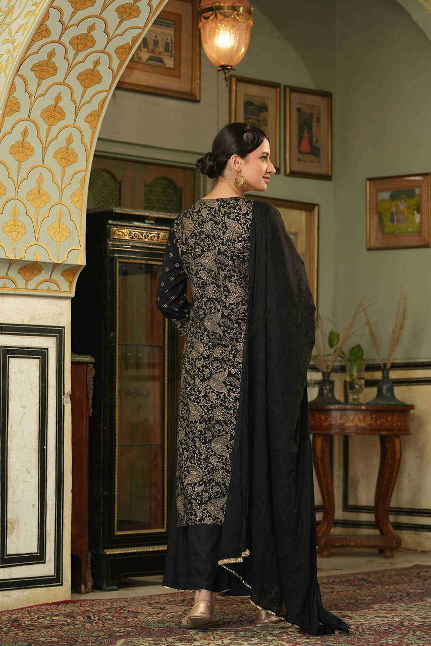 Juniper Black Ethnic Motif Printed Rayon Kurta Palazzo & Dupatta Set With Zari Work Embroidery 