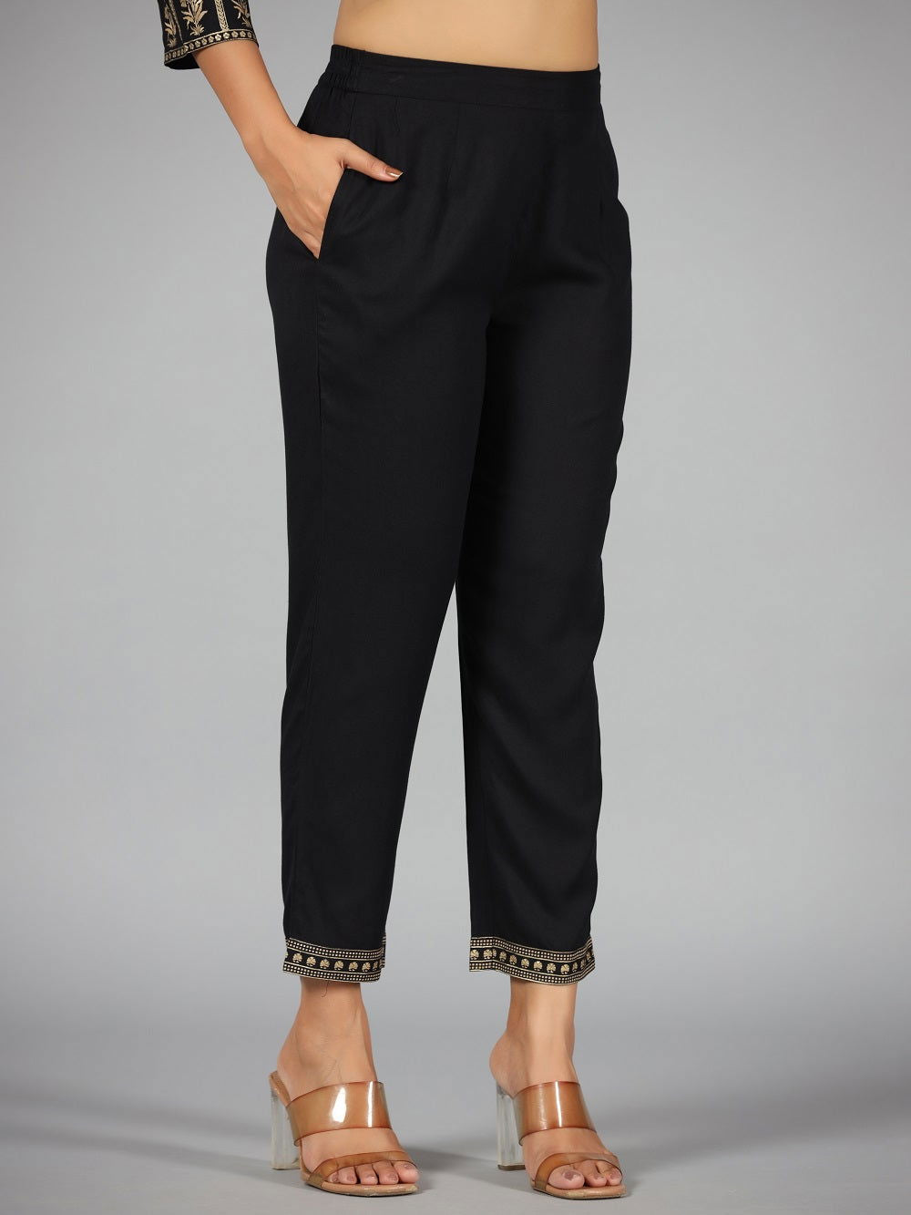 Juniper Black Ethnic Motif Printed Rayon Kurta, Pants & Dupatta Set With Zari Embroidery 