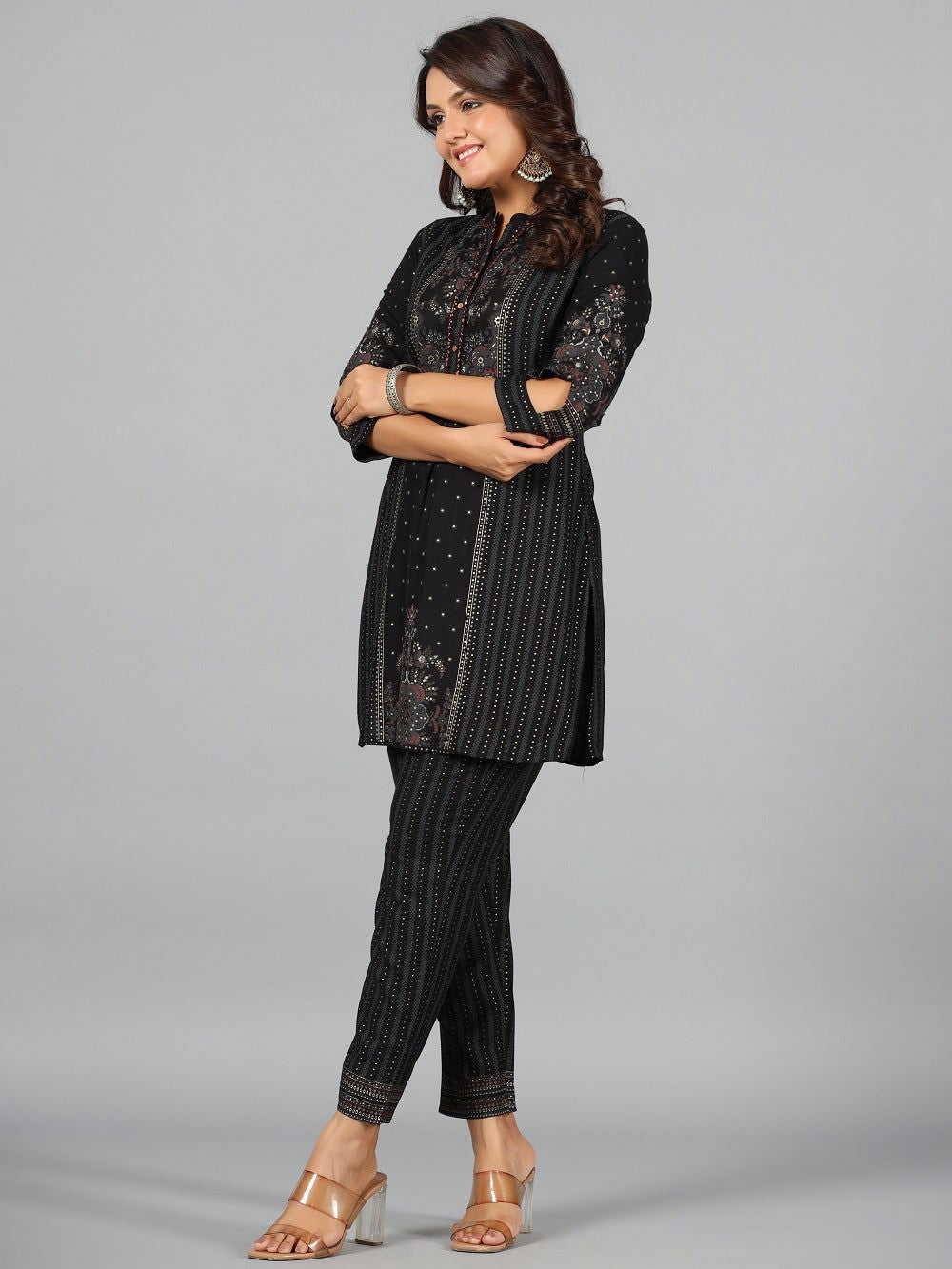 Juniper  Black Ethnic Motif Printed Rayon Kurta Pants Set. 