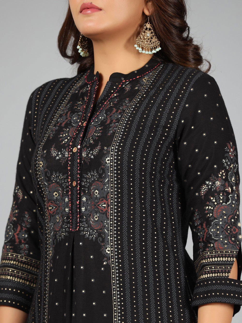Juniper  Black Ethnic Motif Printed Rayon Kurta Pants Set. 