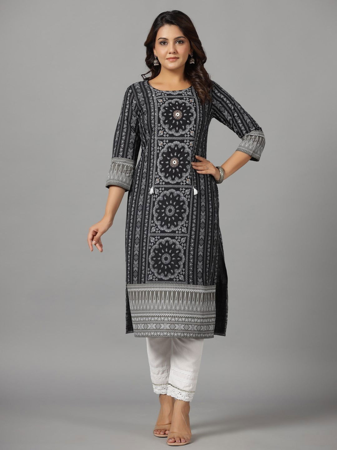 Juniper  Black Ethnic Motif Printed Rayon Slub Kurta With Beads & Sequins Work 