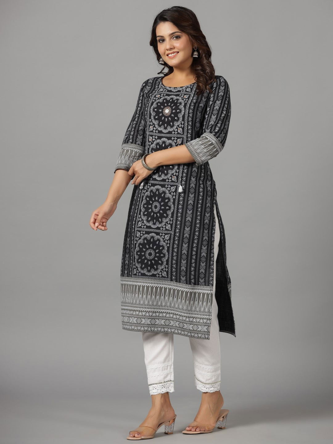 Juniper  Black Ethnic Motif Printed Rayon Slub Kurta With Beads & Sequins Work 