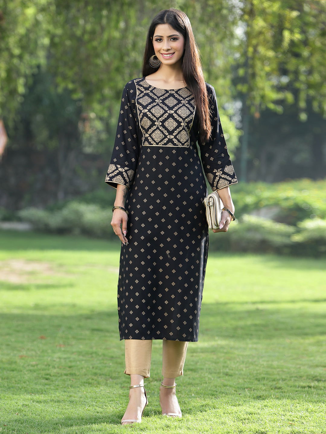 Juniper Black Ethnic Motif Printed Rayon Straight Kurta. 