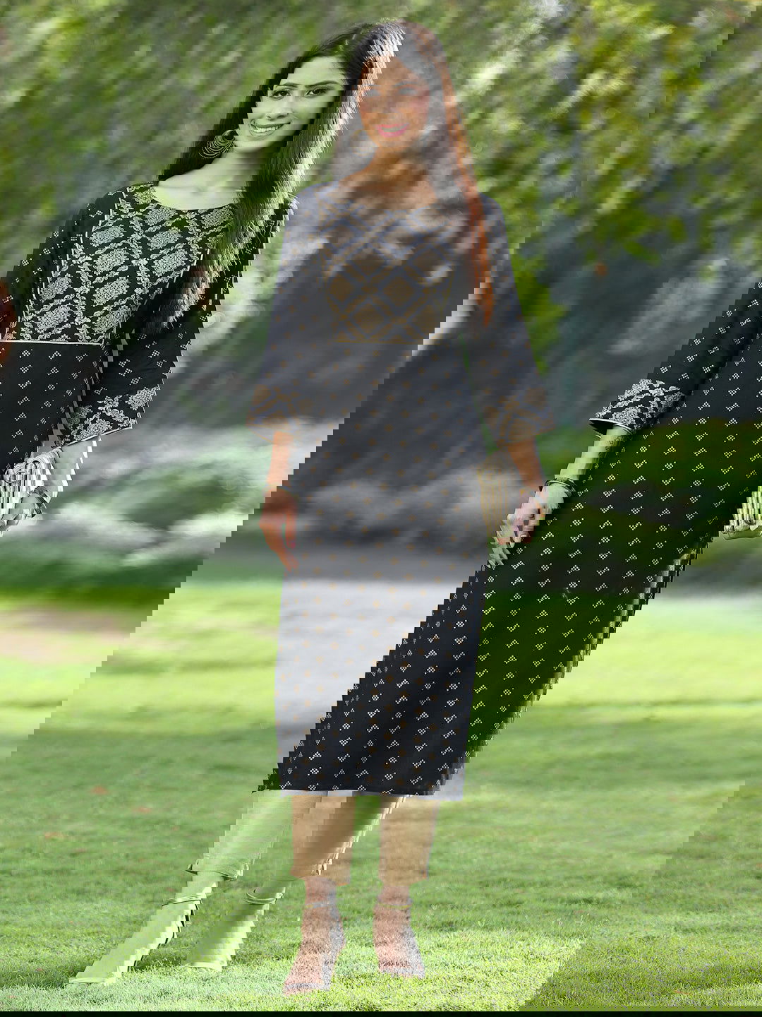 Juniper Black Ethnic Motif Printed Rayon Straight Kurta. 