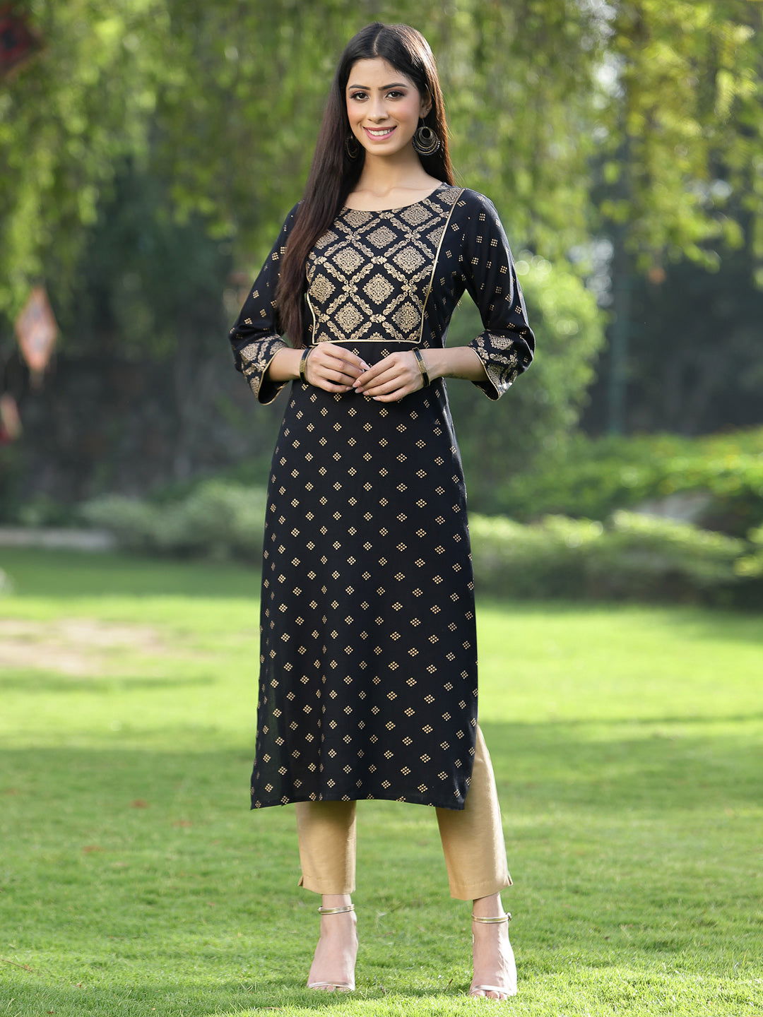 Juniper Black Ethnic Motif Printed Rayon Straight Kurta. 