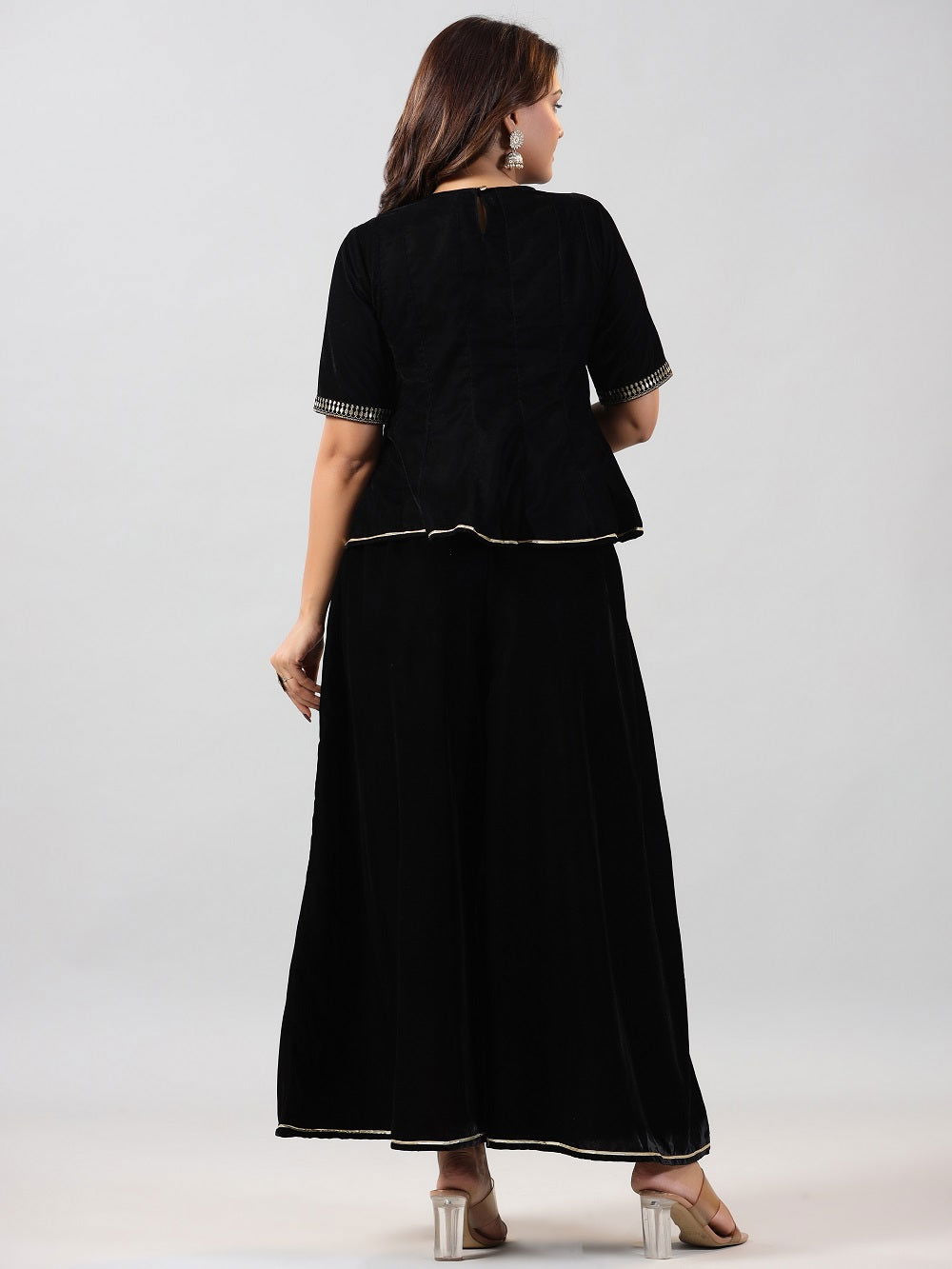 Juniper Black Ethnic Motif Printed Velvet Embroidered Clothing Set With Sequins Work 