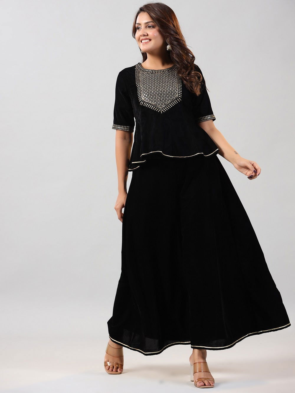 Juniper Black Ethnic Motif Printed Velvet Embroidered Clothing Set With Sequins Work 
