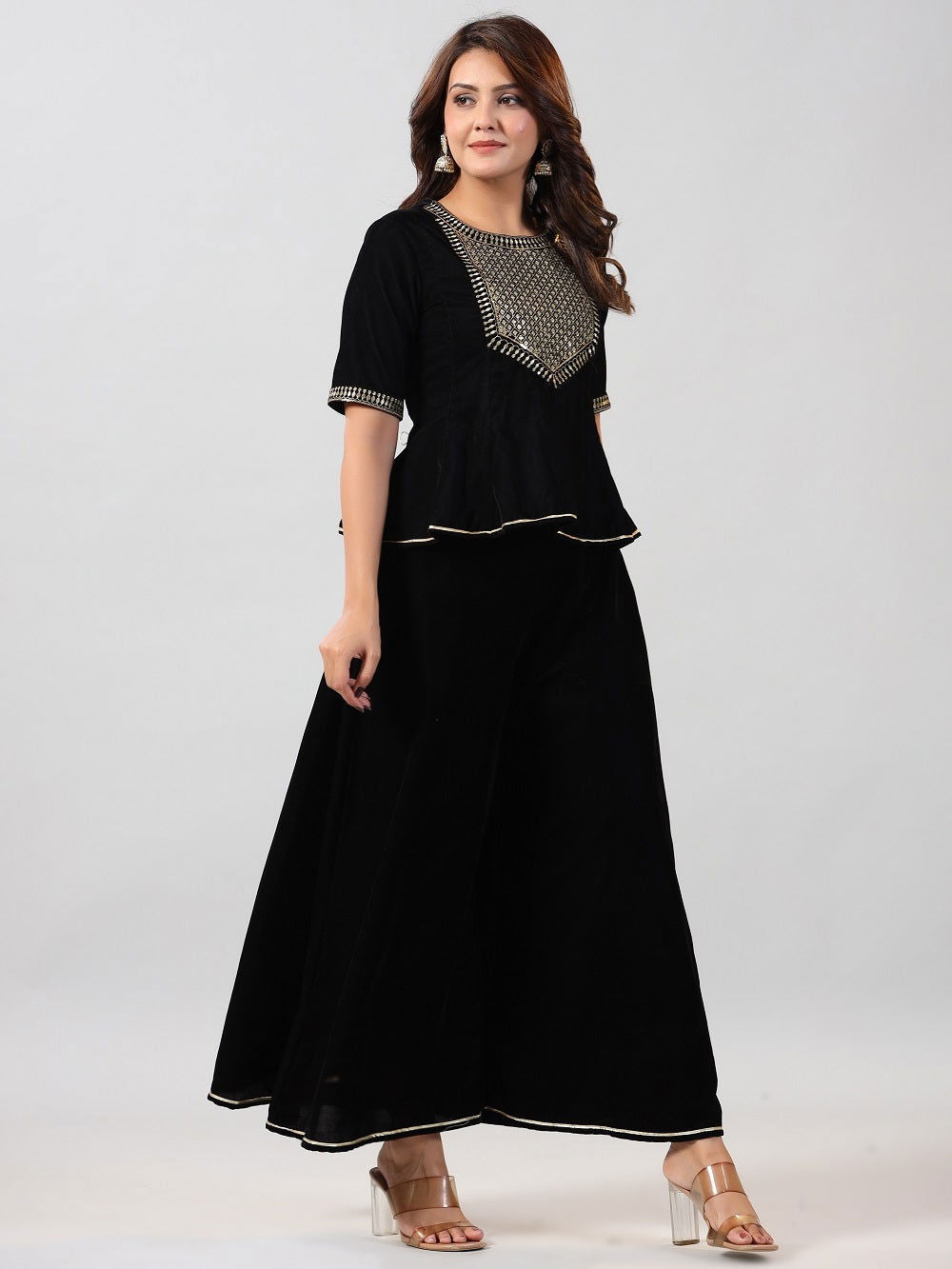 Juniper Black Ethnic Motif Printed Velvet Embroidered Clothing Set With Sequins Work 