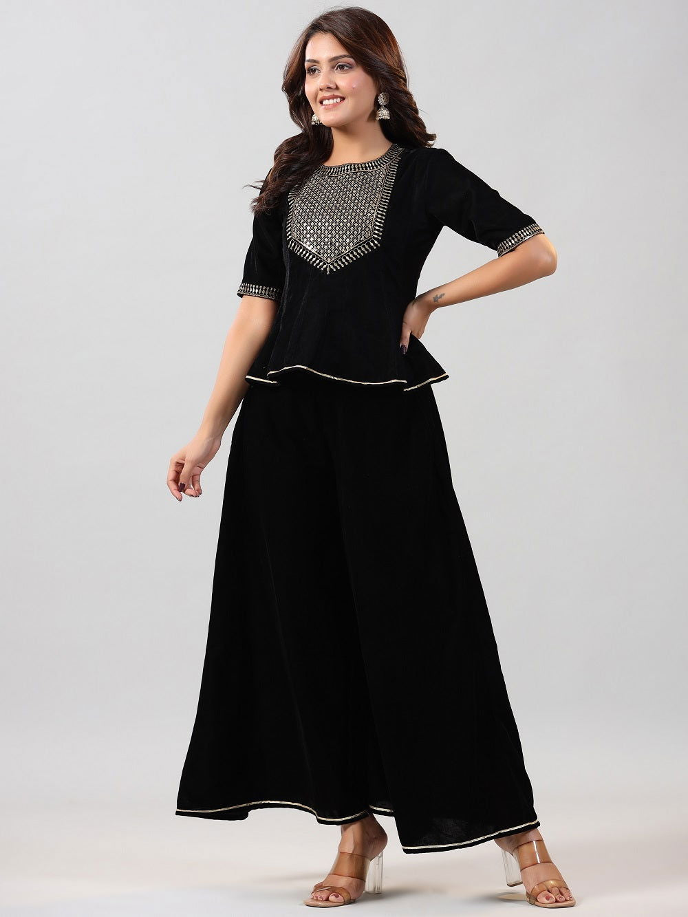 Juniper Black Ethnic Motif Printed Velvet Embroidered Clothing Set With Sequins Work 