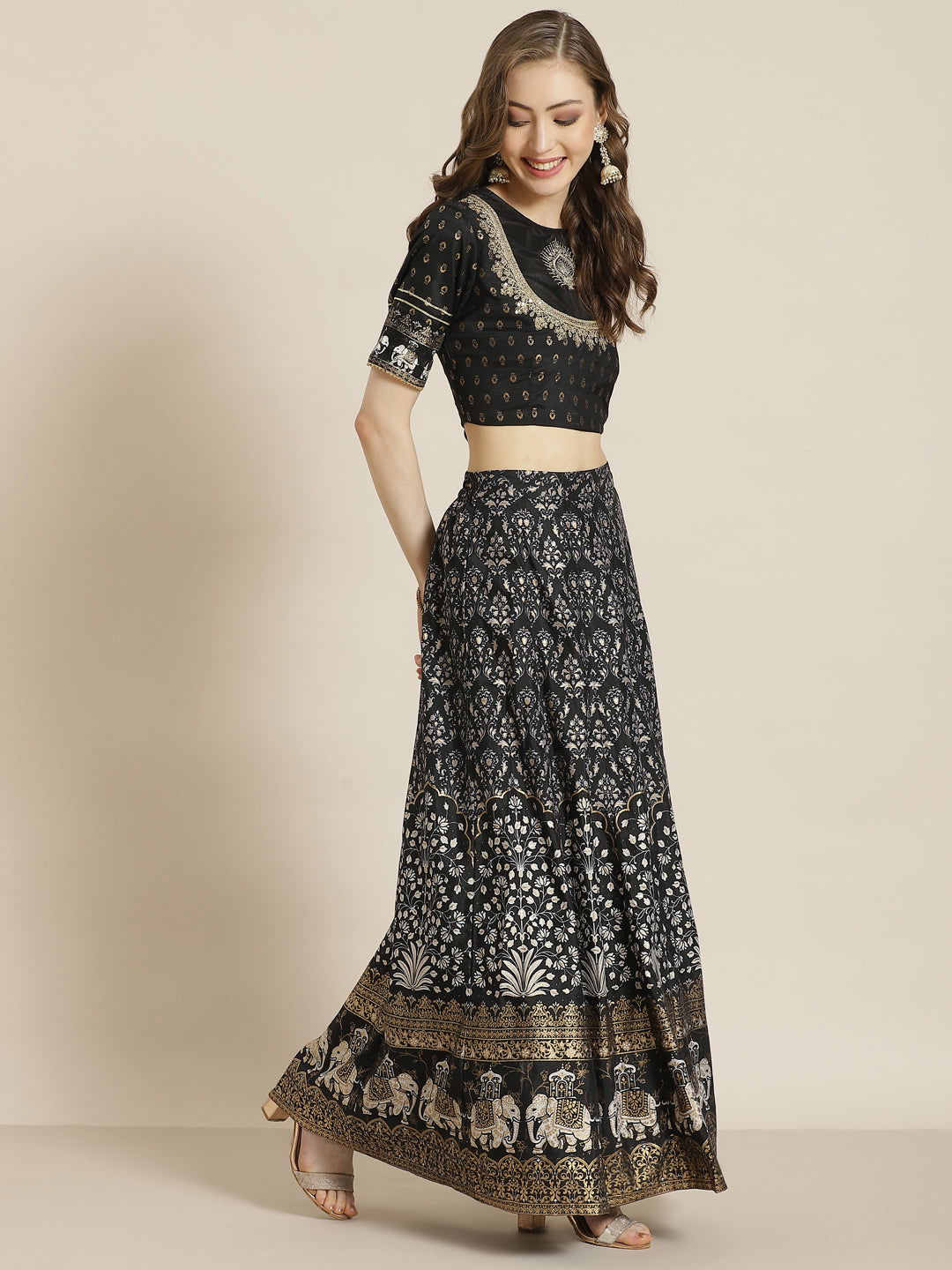 Juniper Black Ethnic motif Printed Shantoon Lehenga Choli & Dupatta Set With Zari Work Embroidery. 