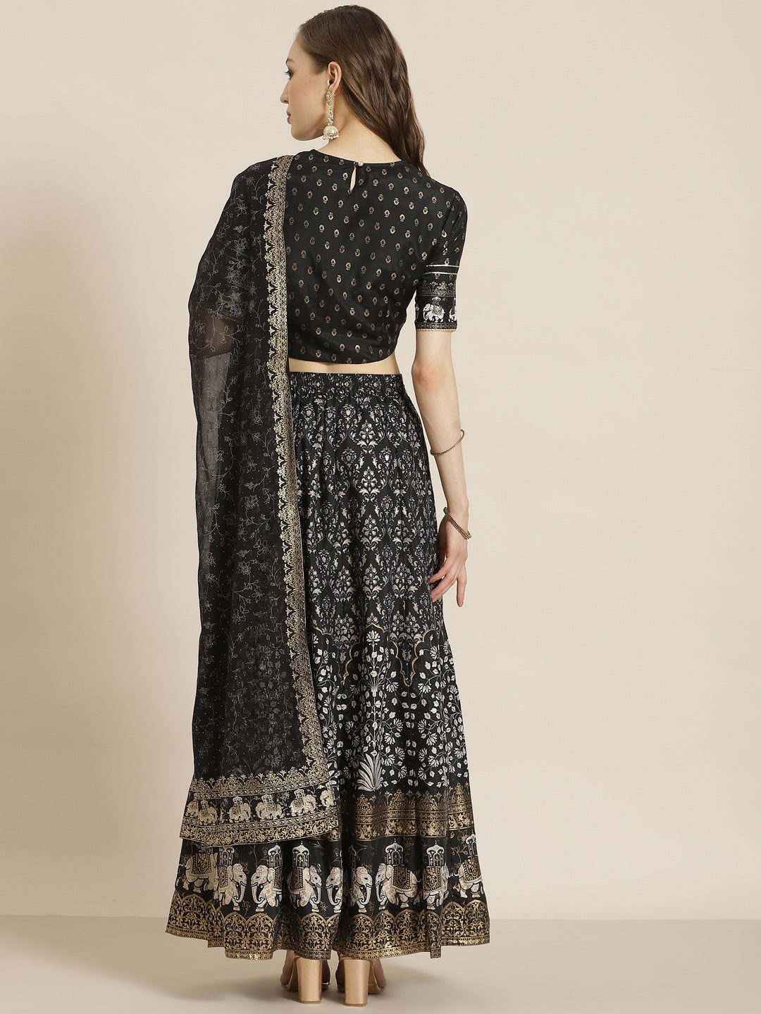 Juniper Black Ethnic motif Printed Shantoon Lehenga Choli & Dupatta Set With Zari Work Embroidery. 
