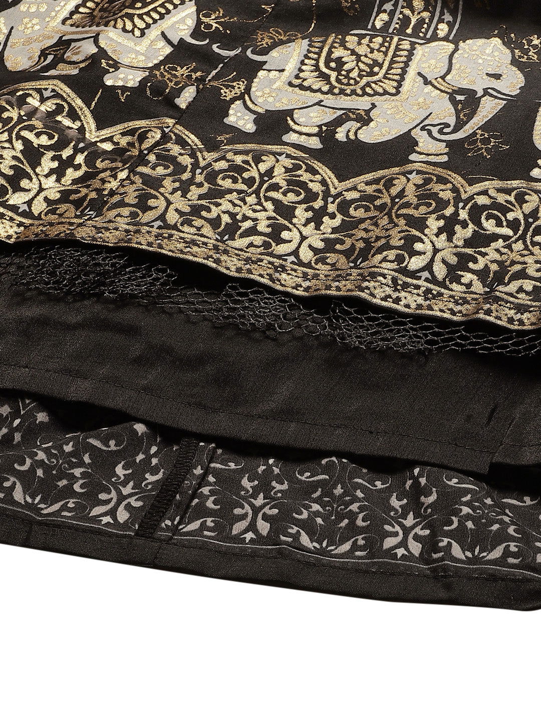 Juniper Black Ethnic motif Printed Shantoon Lehenga Choli & Dupatta Set With Zari Work Embroidery. 