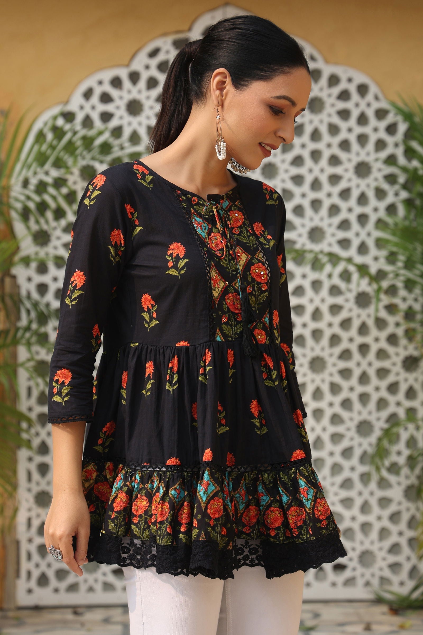Juniper Black Floral Printed Peplum Pure Cotton Tunic With Lace 