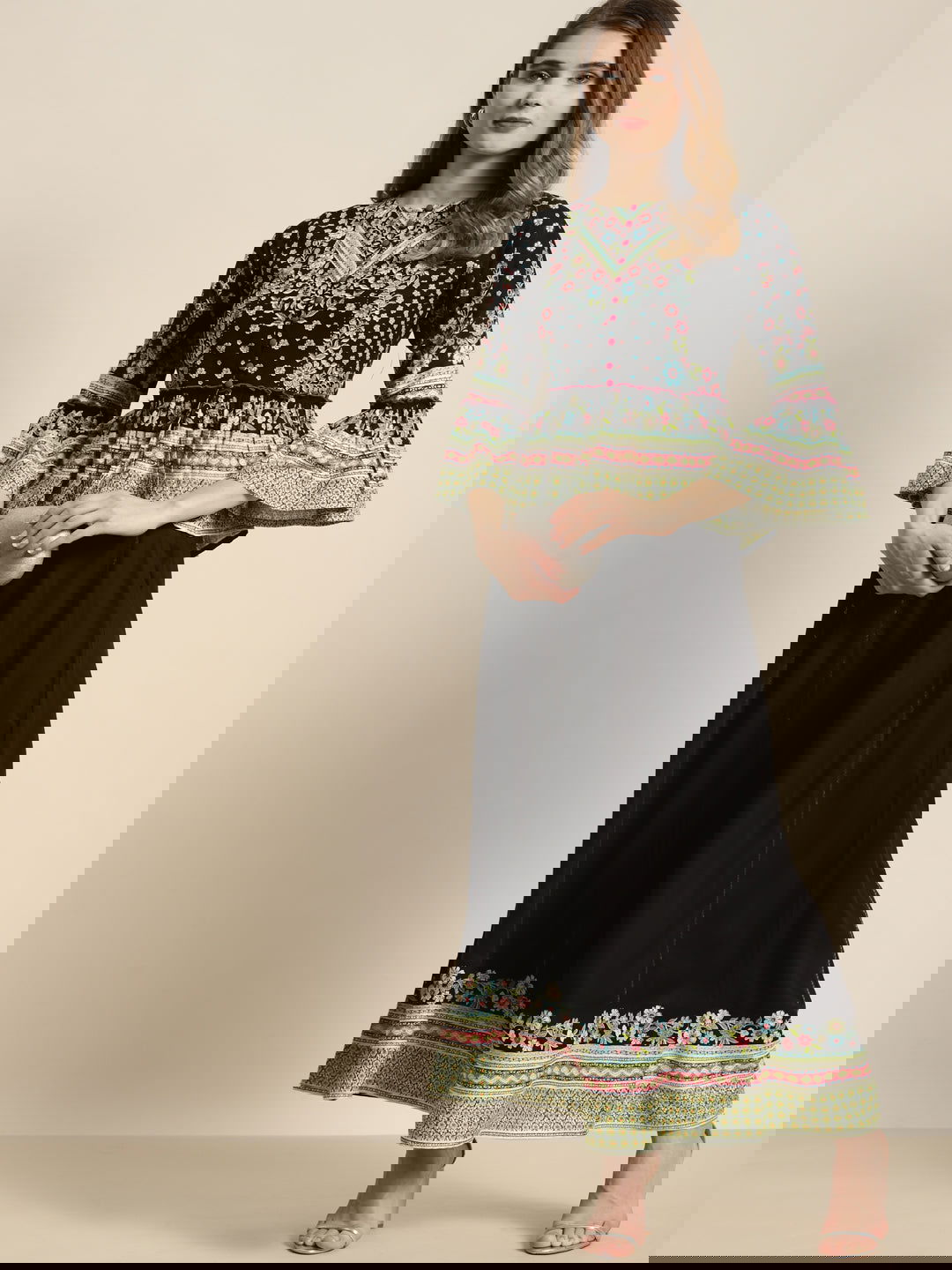 Juniper Black Floral Printed Rayon Co-Ord Set With Sequins Details 