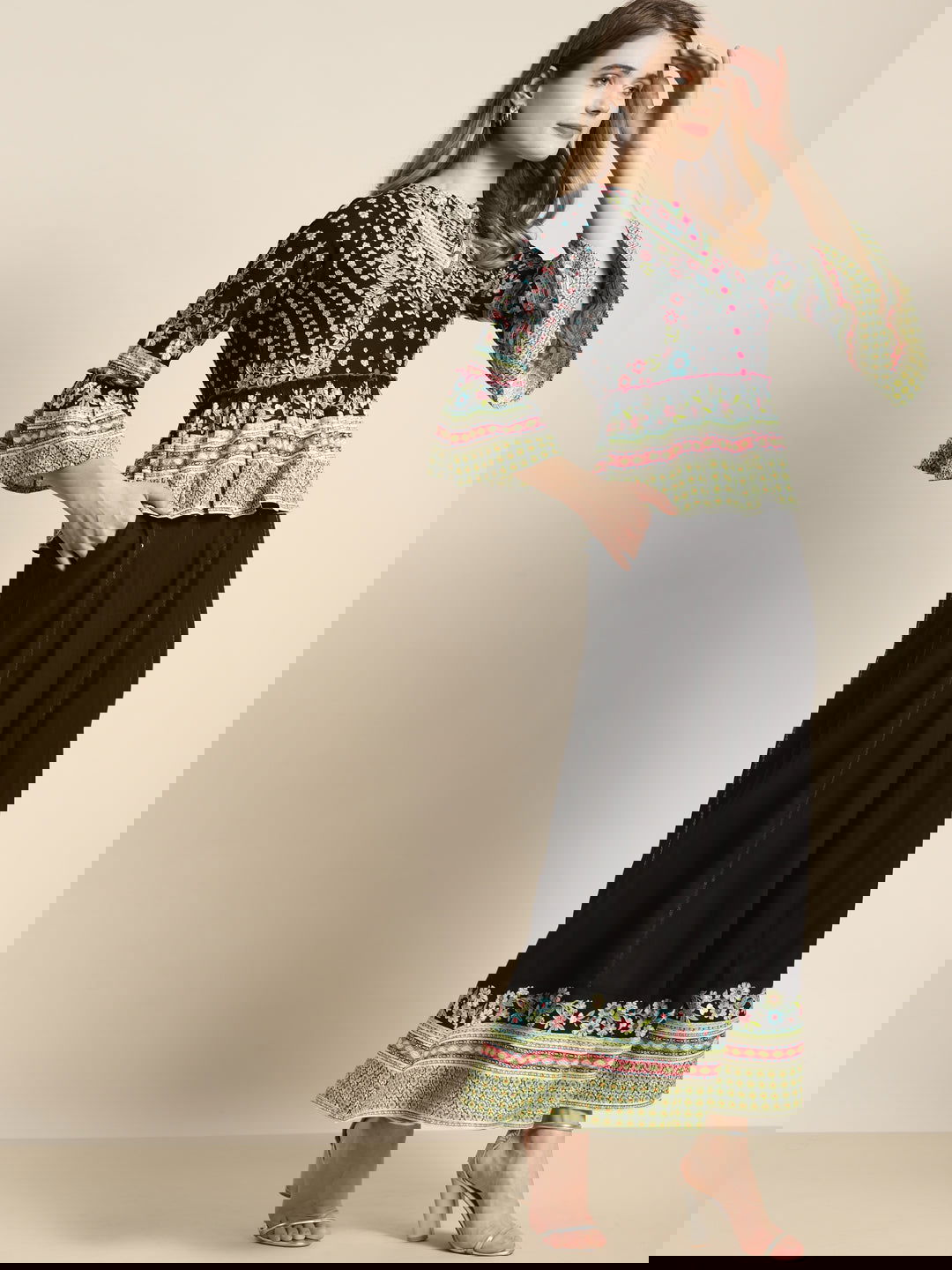 Juniper Black Floral Printed Rayon Co-Ord Set With Sequins Details 