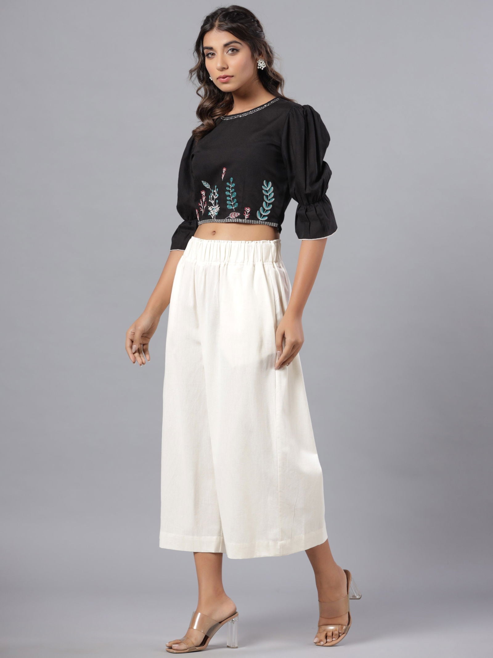 Juniper  Black Floral Printed Rayon Flex Crop Top With Thread Embroidery 