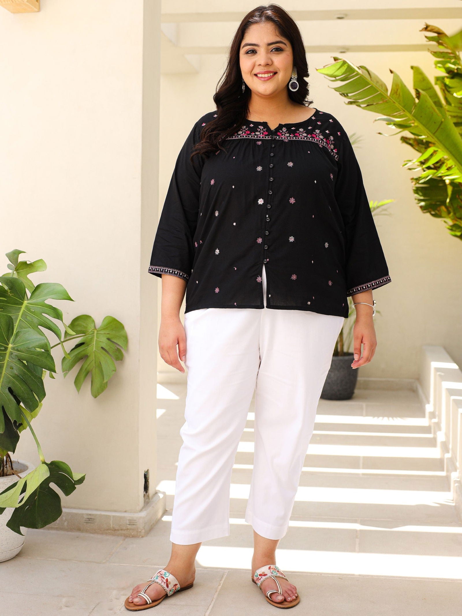 Juniper Black Gathered Rayon Plus Size Tunic With Thread Embroidery 